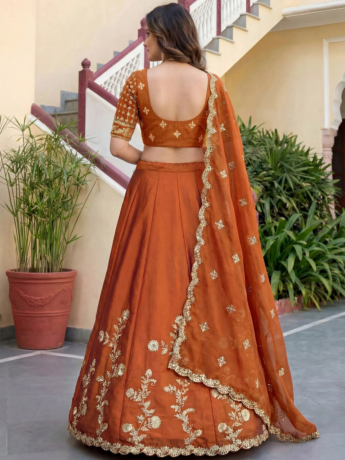Precious Orange Embroidered Silk Wedding Wear Plus Size Lehenga Choli
