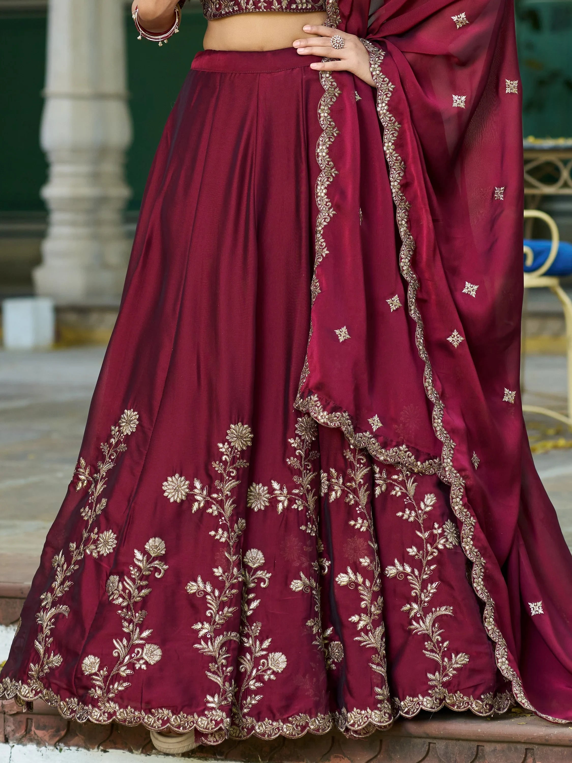 Elegant Maroon Sequins Work Silk Wedding Wear Lehenga Choli