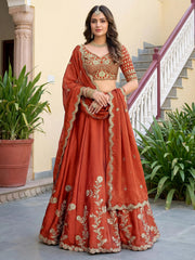 Captivating Orange Thread Embroidered Silk Wedding Wear Lehenga Choli