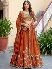 Precious Orange Embroidered Silk Wedding Wear Plus Size Lehenga Choli