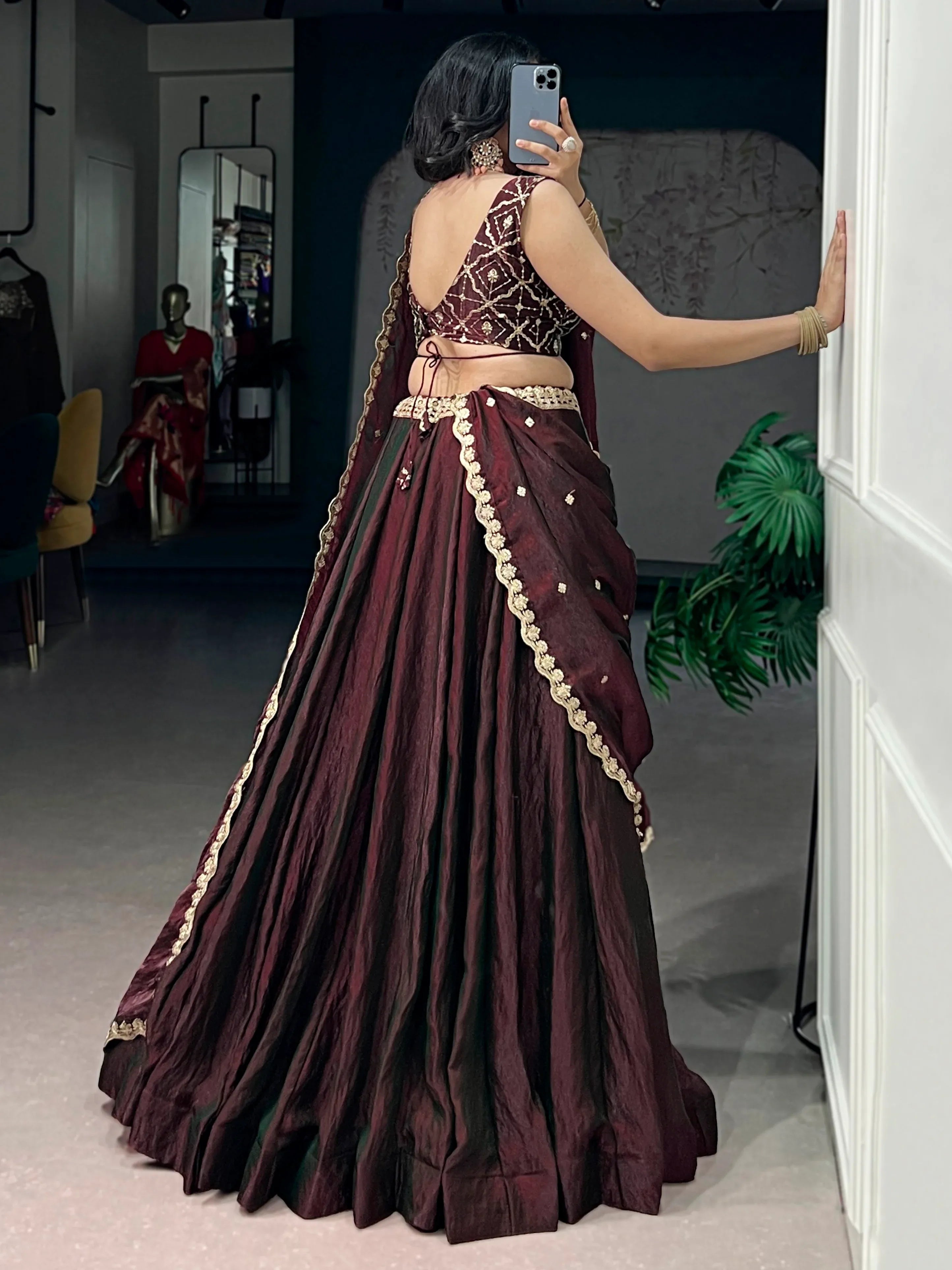 Fashionable Maroon Sequins Silk Engagement Wear Lehenga With Blouse