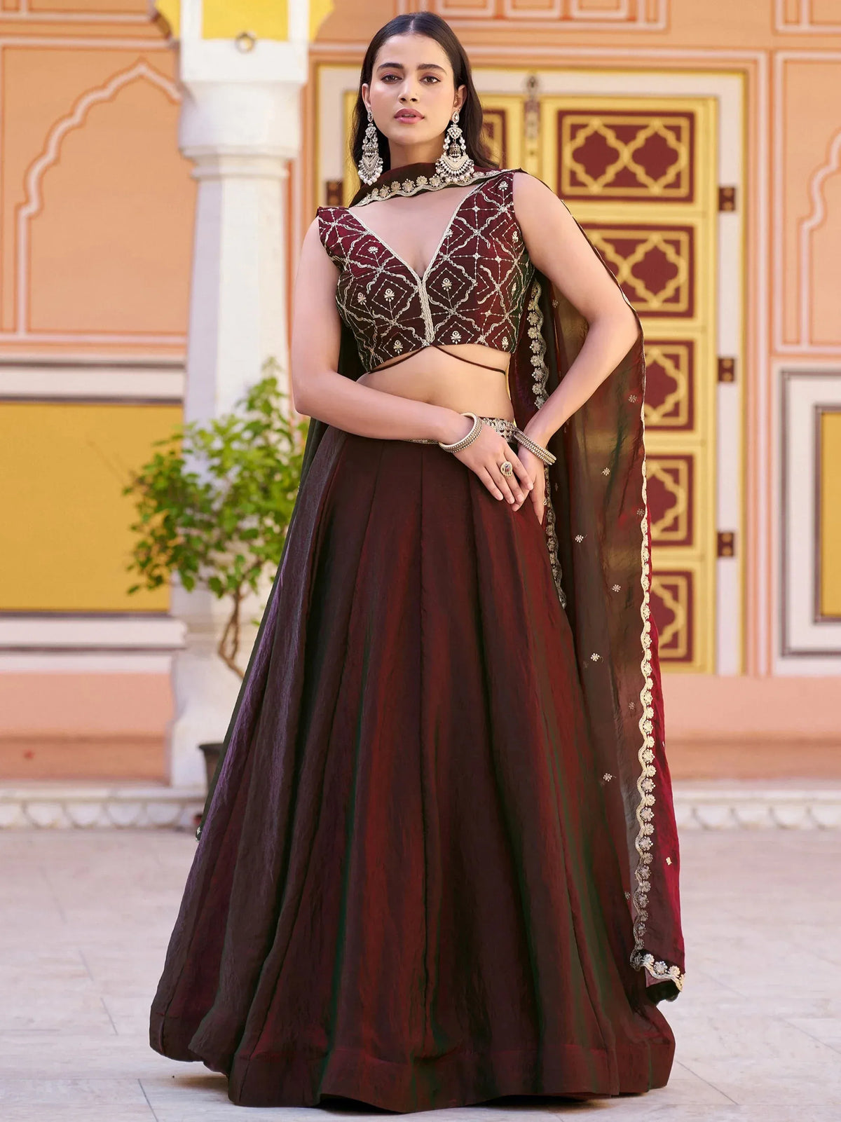 Elegant Brown Thread Embroidered Silk Festival Wear Lehenga Choli