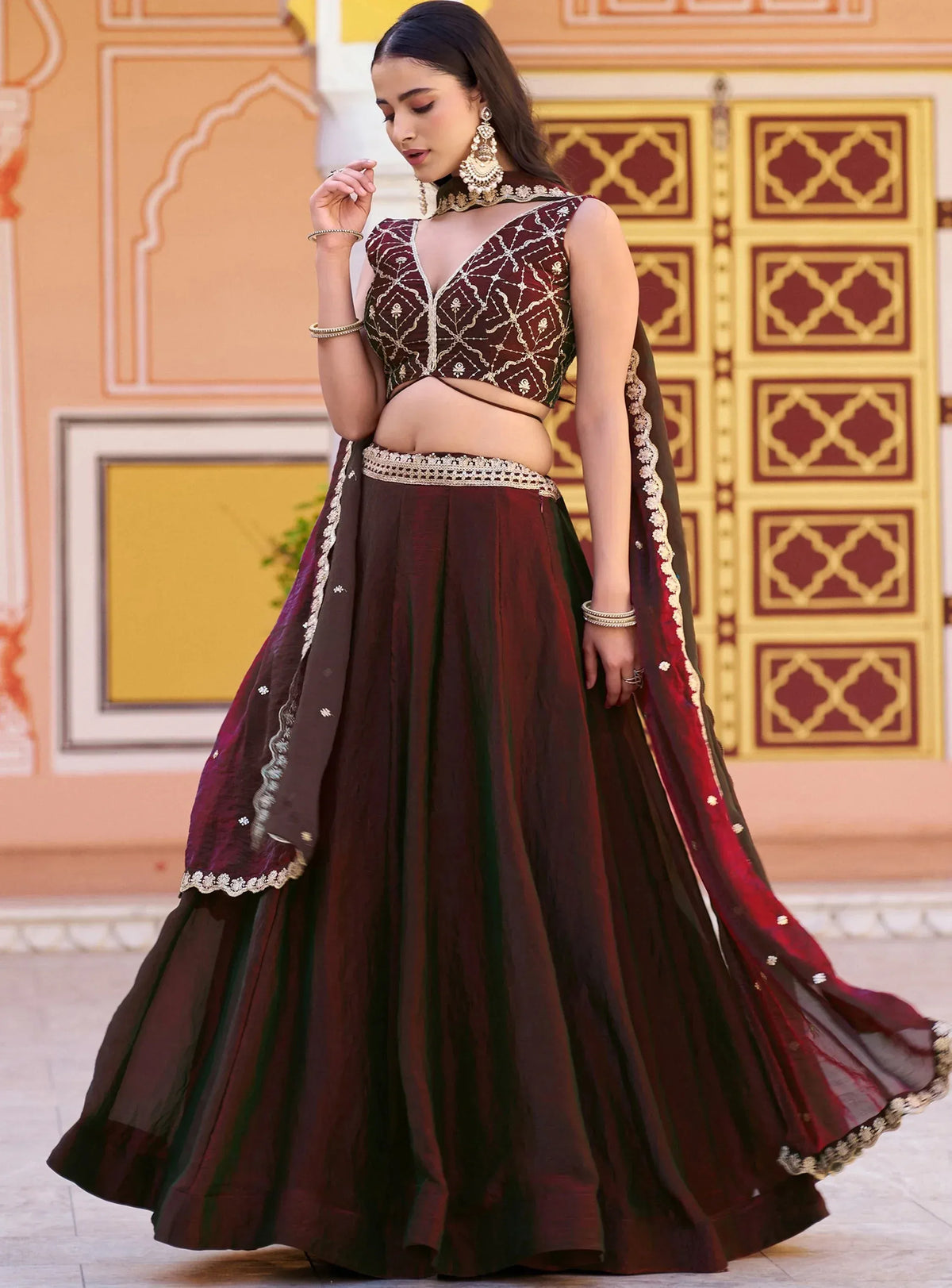 Elegant Brown Thread Embroidered Silk Festival Wear Lehenga Choli