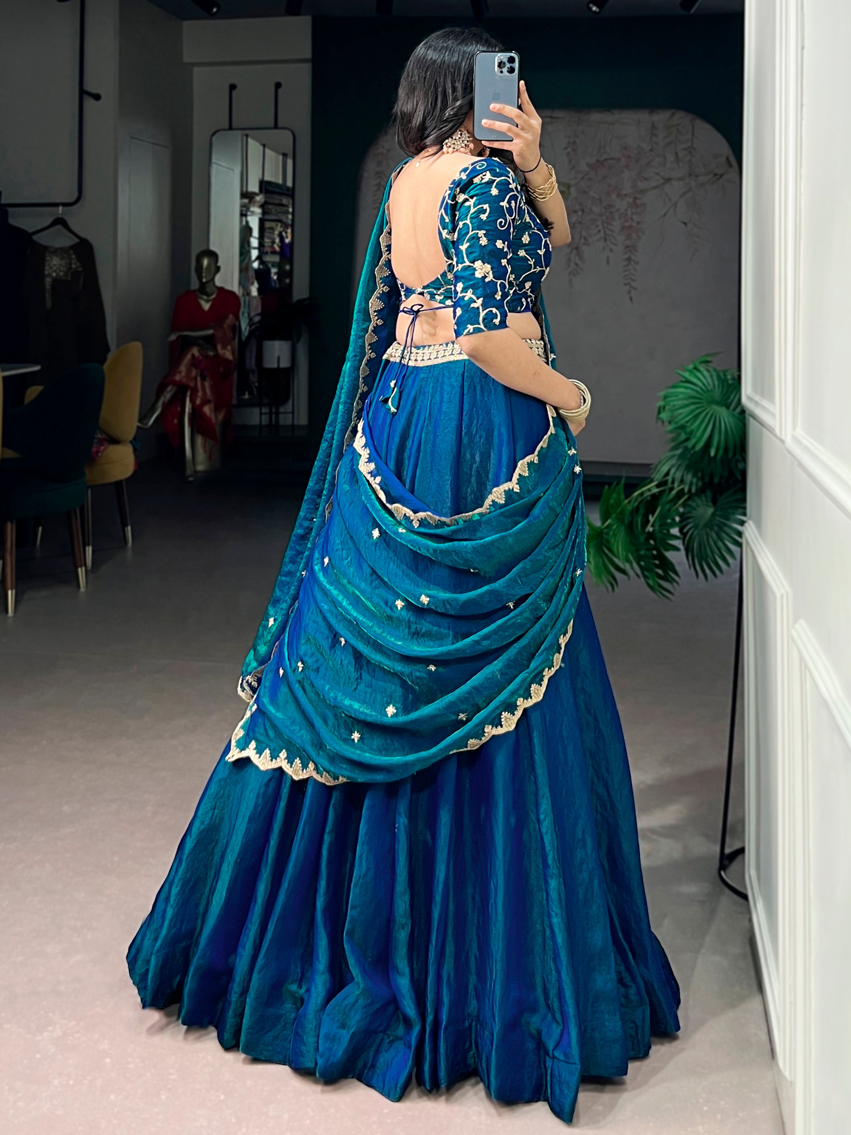 Rich Teal Blue Thread Work Silk Traditional Lehenga Choli With Dupatta
