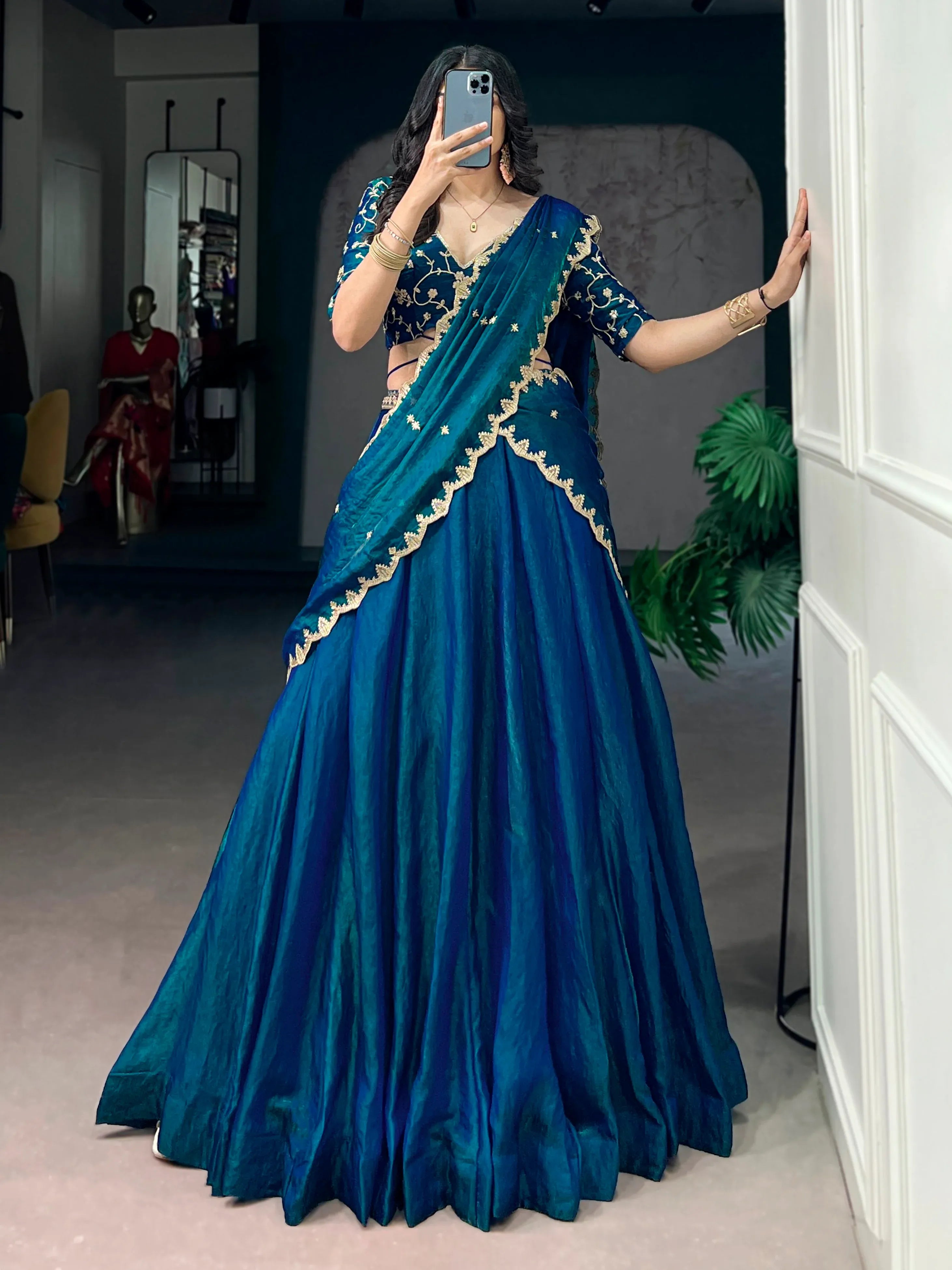 Rich Teal Blue Thread Work Silk Traditional Lehenga Choli With Dupatta