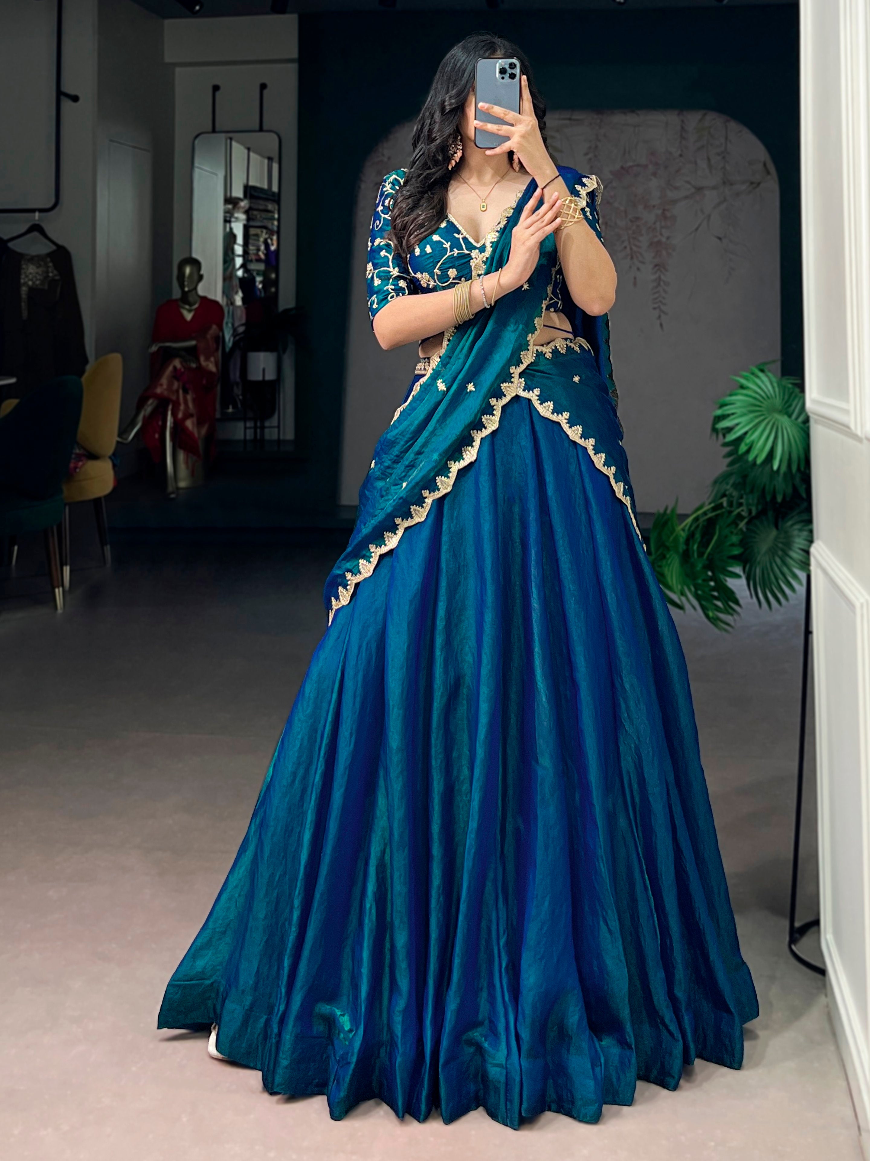 Rich Teal Blue Thread Work Silk Traditional Lehenga Choli With Dupatta
