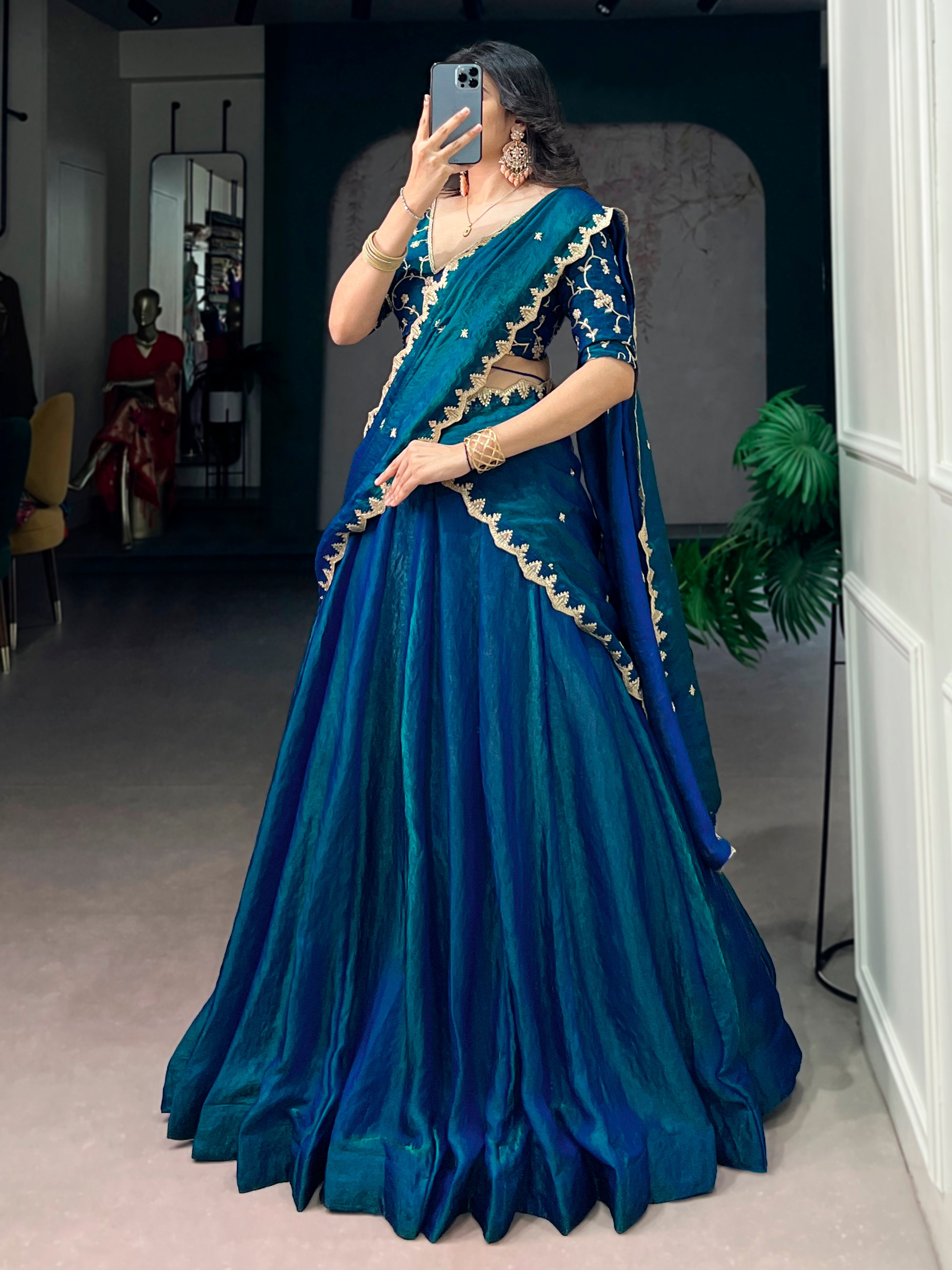 Rich Teal Blue Thread Work Silk Traditional Lehenga Choli With Dupatta