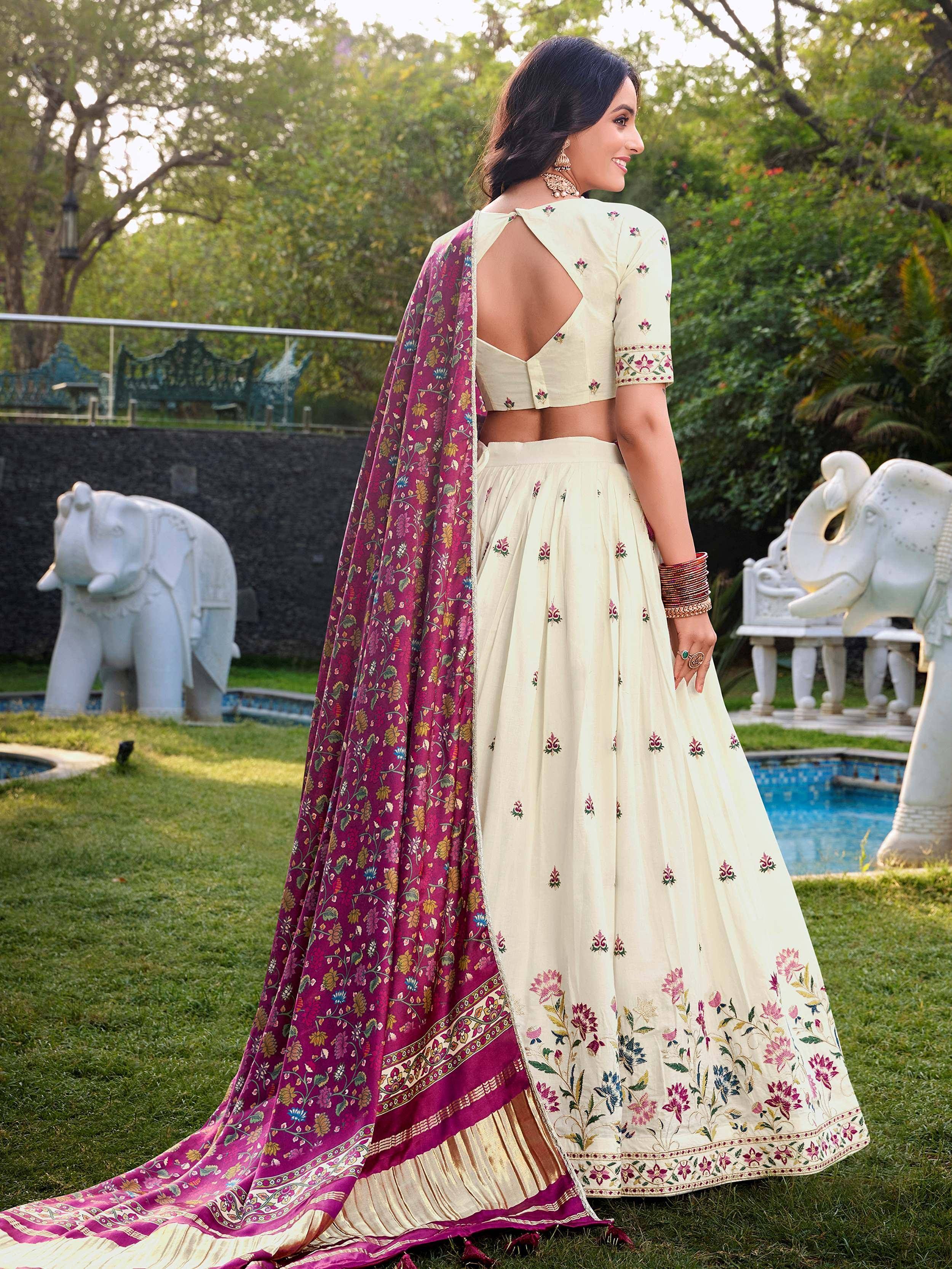 Cream floral embroidered lehenga choli with maroon dupatta, perfect for Indian ethnic occasions
