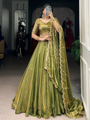Mesmerizing Green Organza Mehendi Wear Lehenga Choli With Dupatta