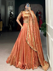 Pretty Orange Thread Embroidered Lehenga Choli With Dupatta