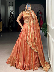 Pretty Orange Thread Embroidered Lehenga Choli With Dupatta