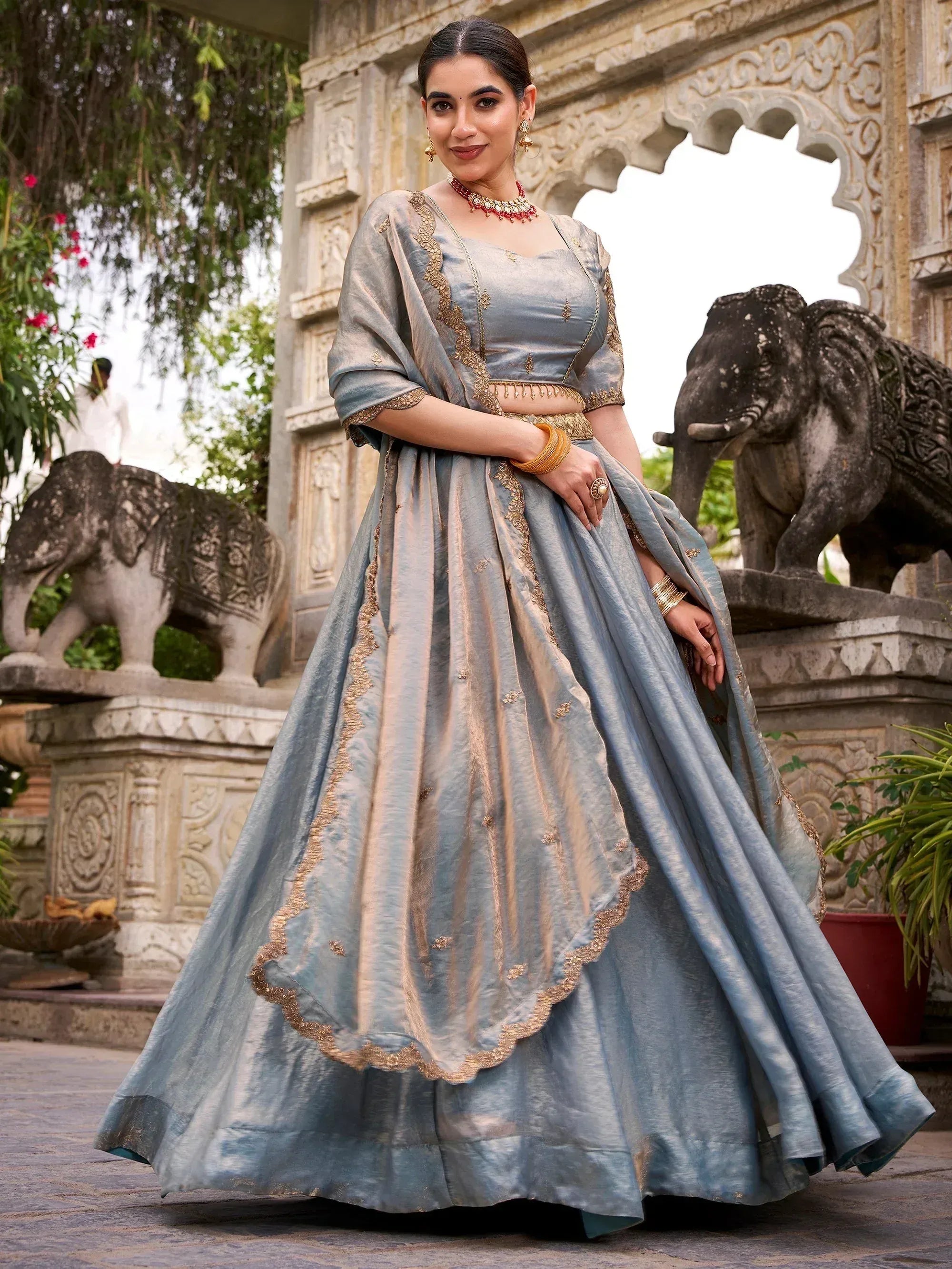 Dazzling Sky Blue Embroidered Organza Bridesmaid Lehenga Choli