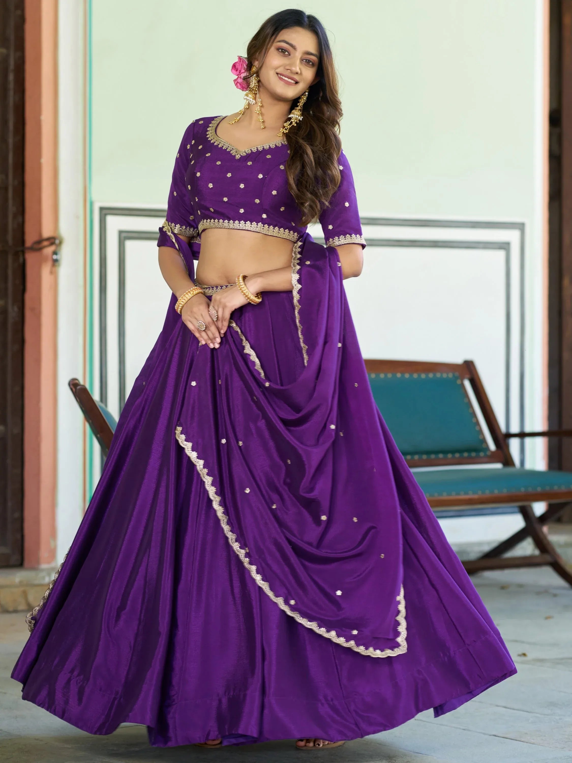 Stylish Purple Chinon Festive Wear Lehenga With Thread Work Blouse