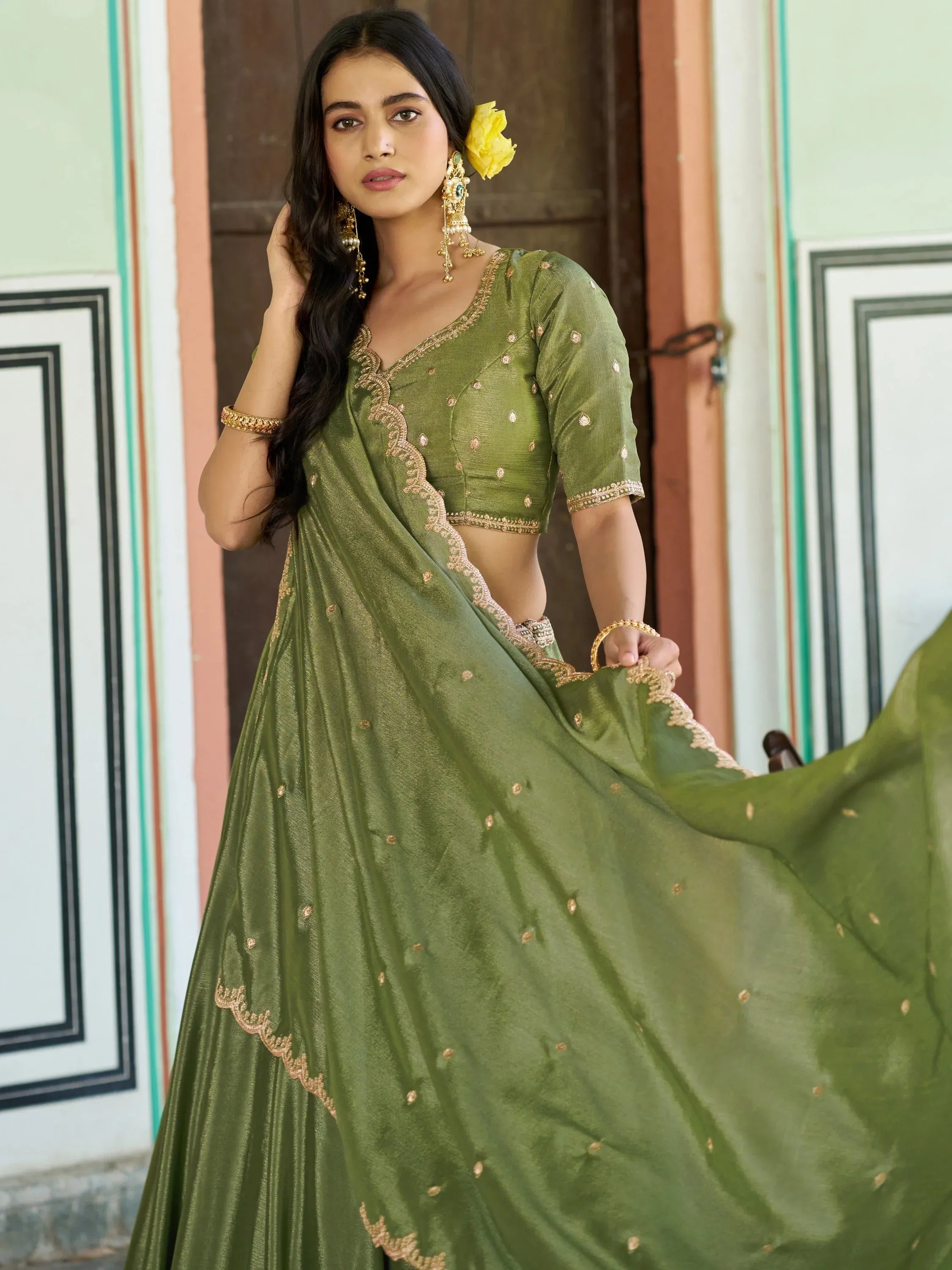 Charming Pista Green Chinon Mehendi Wear Lehenga Choli With Dupatta