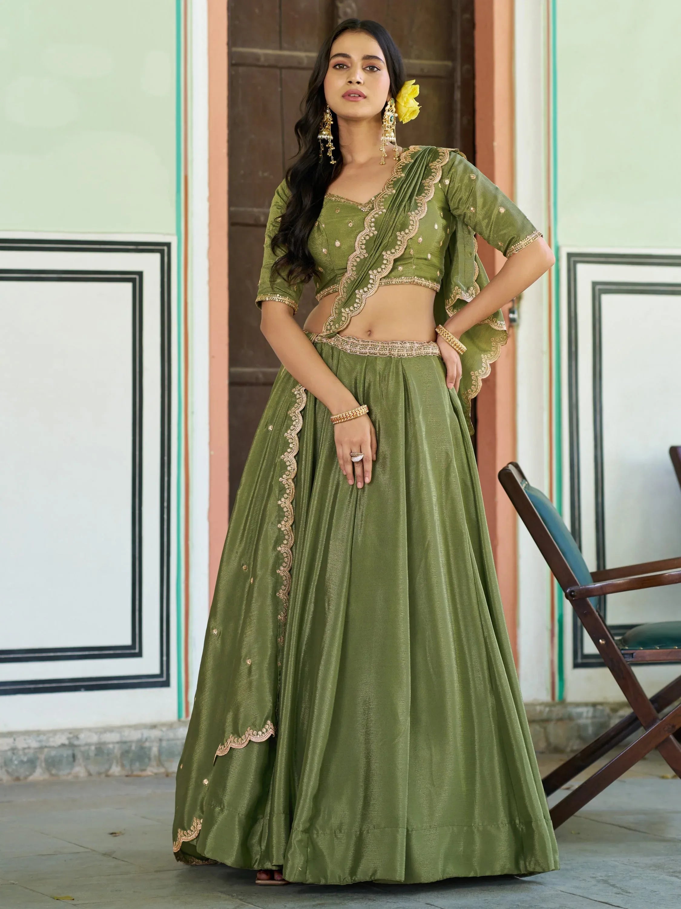 Charming Pista Green Chinon Mehendi Wear Lehenga Choli With Dupatta