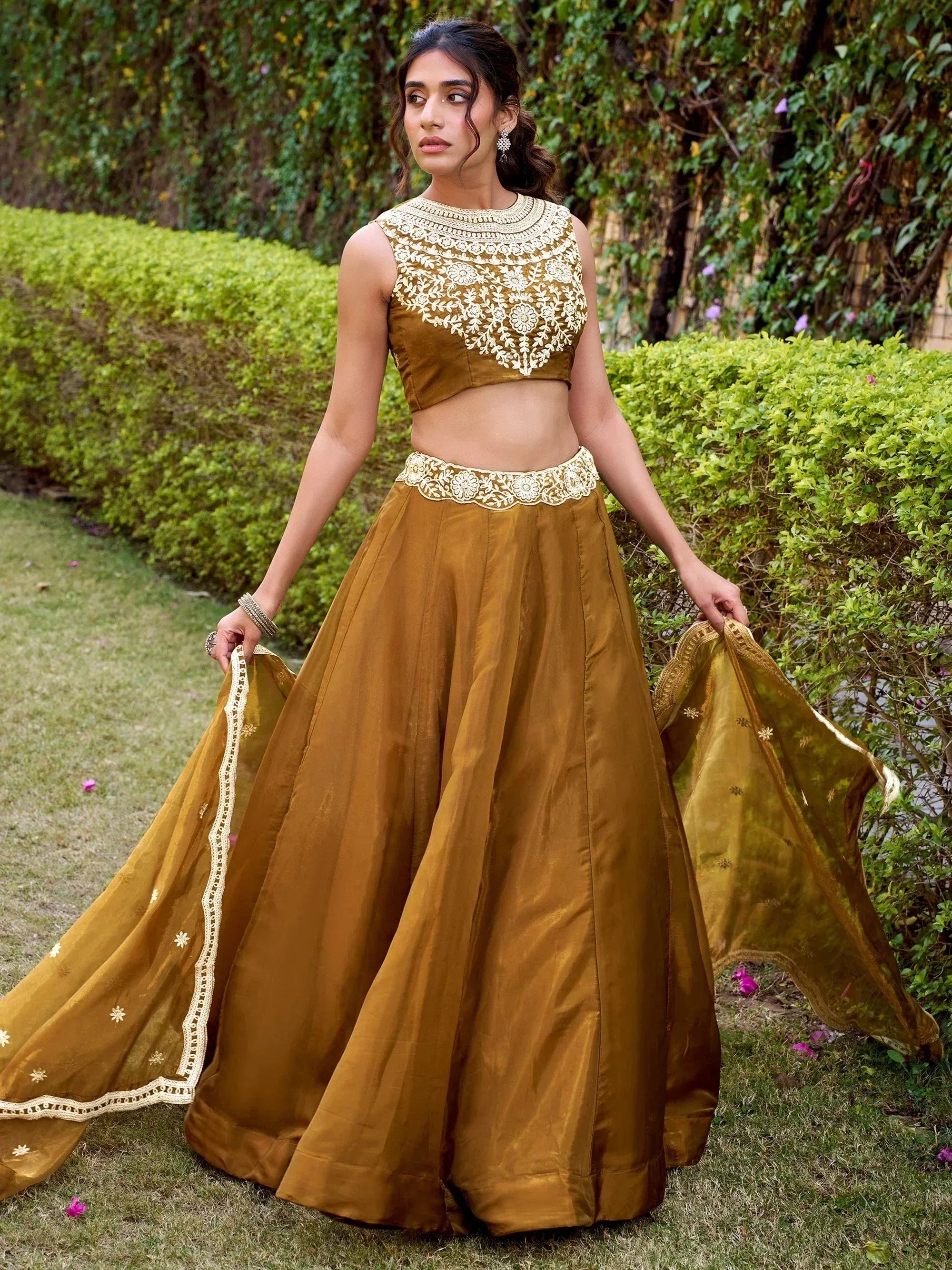 Enchanting Brown Embroidered Silk Function Wear Lehenga Choli