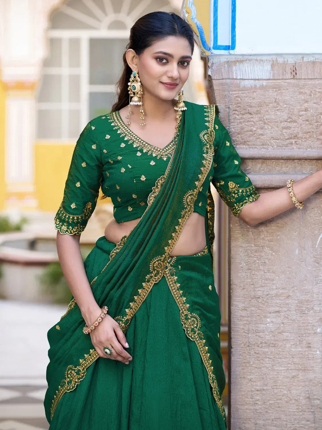 Radiant Green Pink Thread Work Silk Mehendi Wear Lehenga Choli