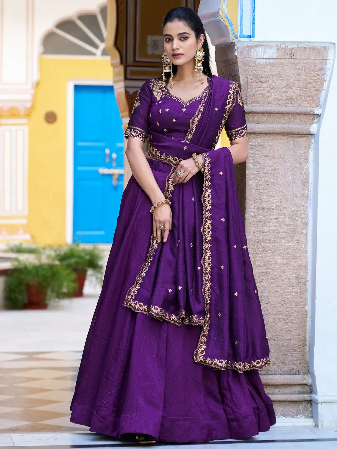 Classic Purple Thread Work Silk Wedding Wear Lehenga Choli With Dupatta