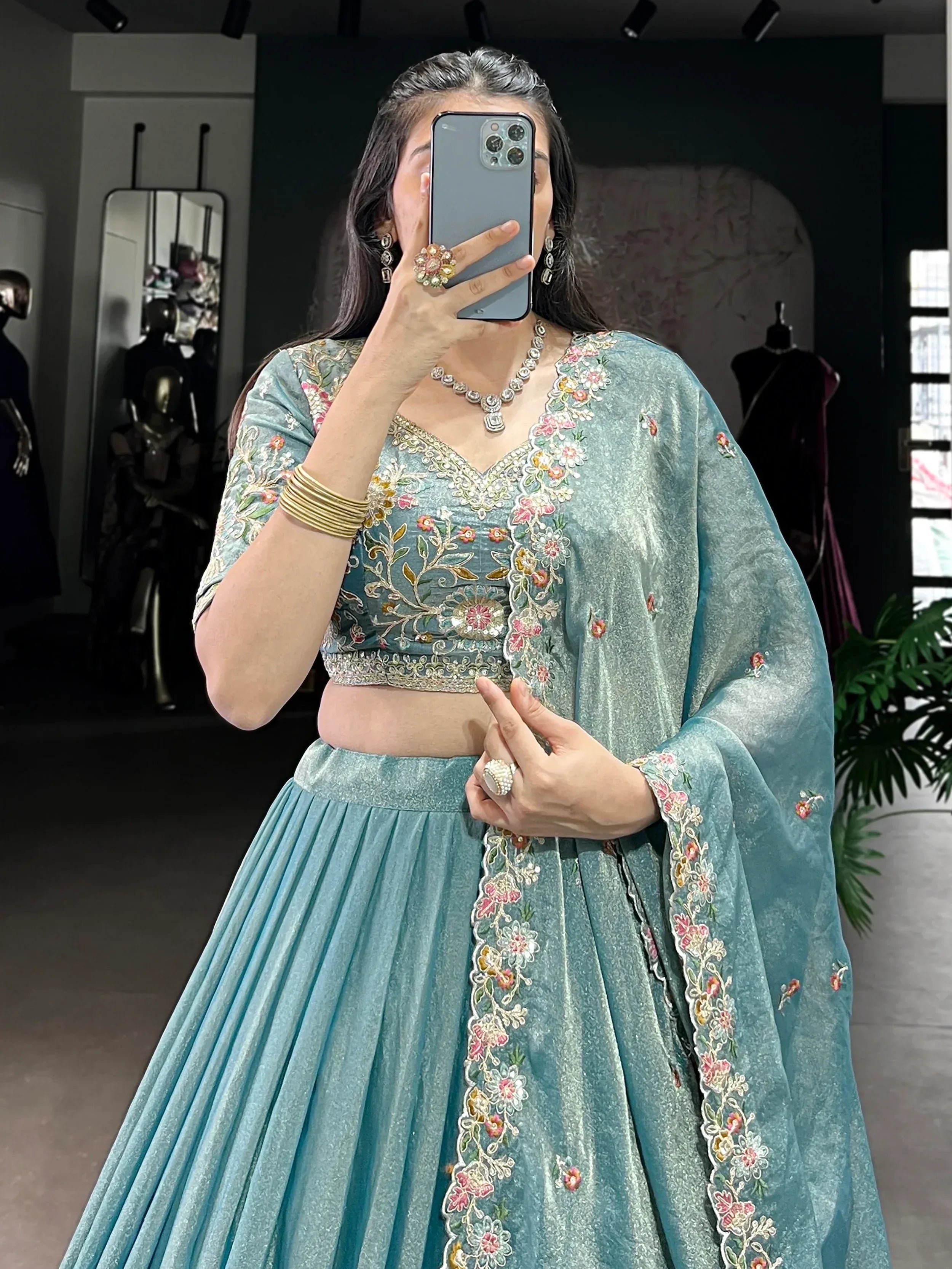 Beautiful Sky Blue Organza Zari Weaving Engagement Wear Lehenga Choli