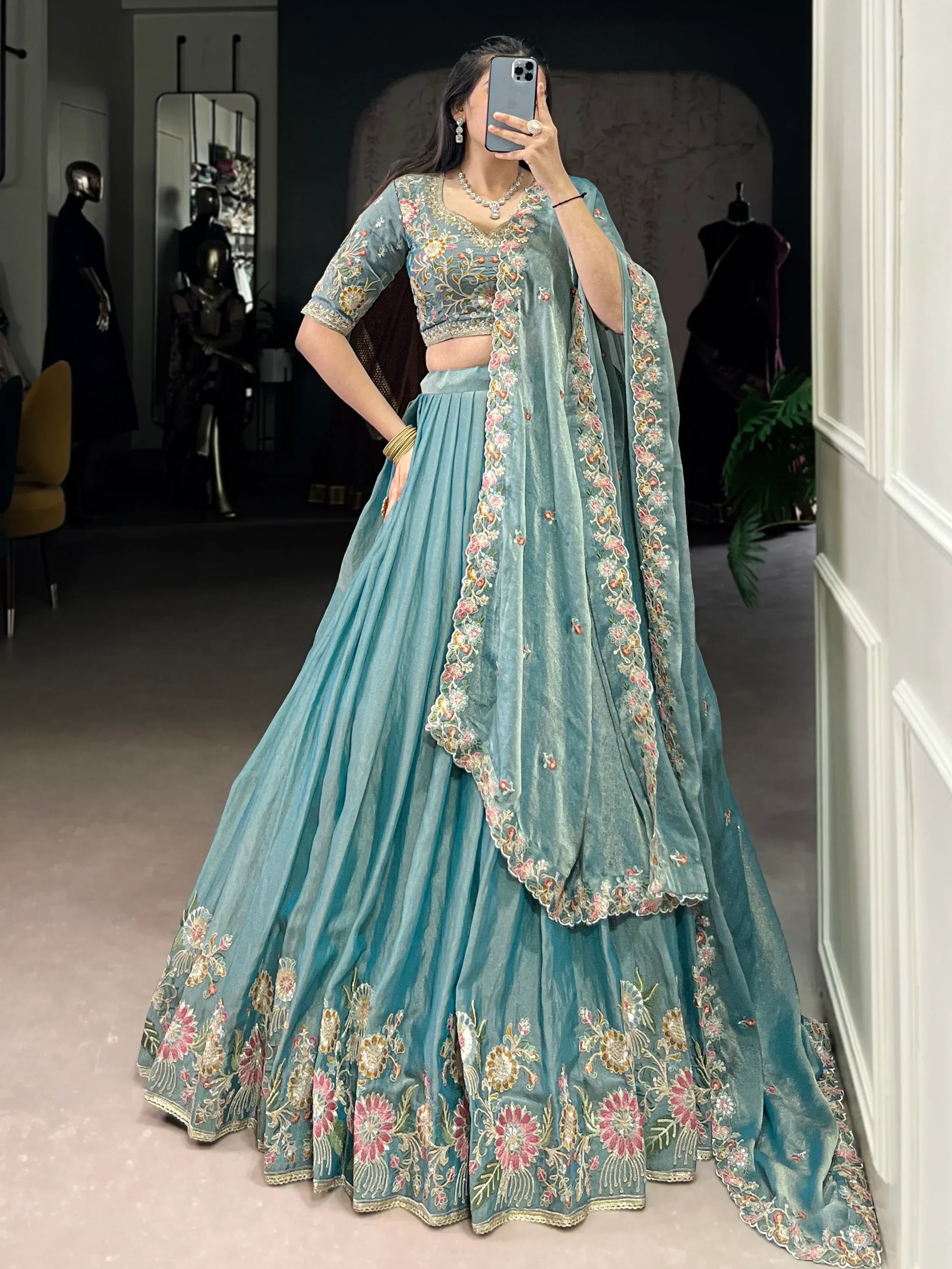 Beautiful Sky Blue Organza Zari Weaving Engagement Wear Lehenga Choli