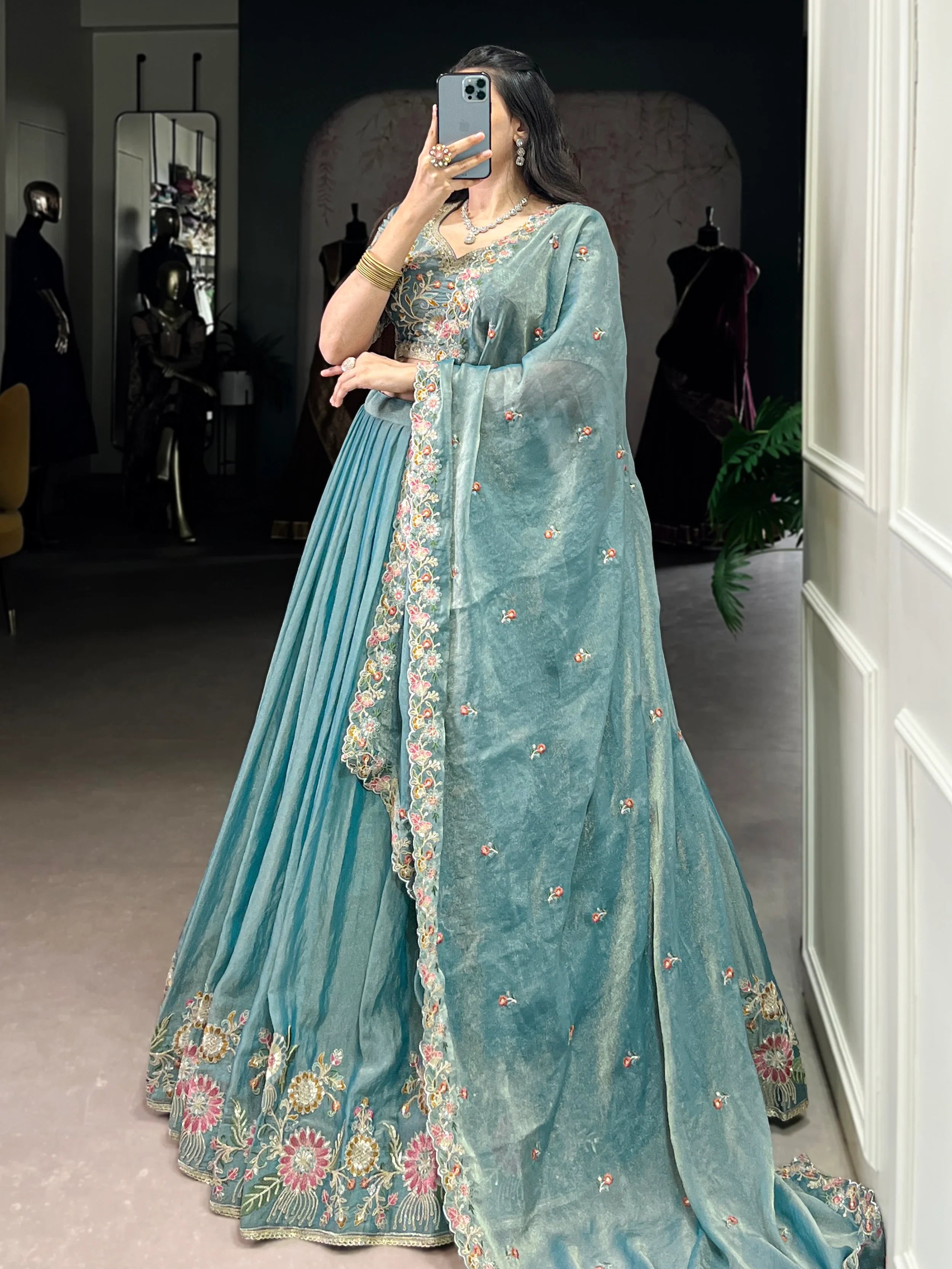 Beautiful Sky Blue Organza Zari Weaving Engagement Wear Lehenga Choli