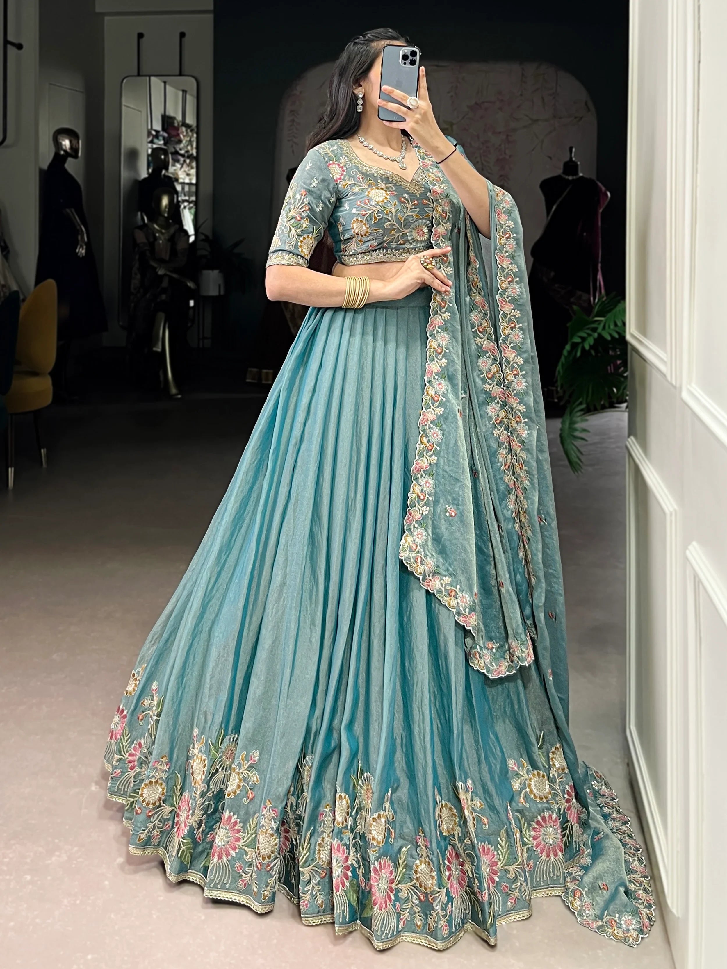 Beautiful Sky Blue Organza Zari Weaving Engagement Wear Lehenga Choli