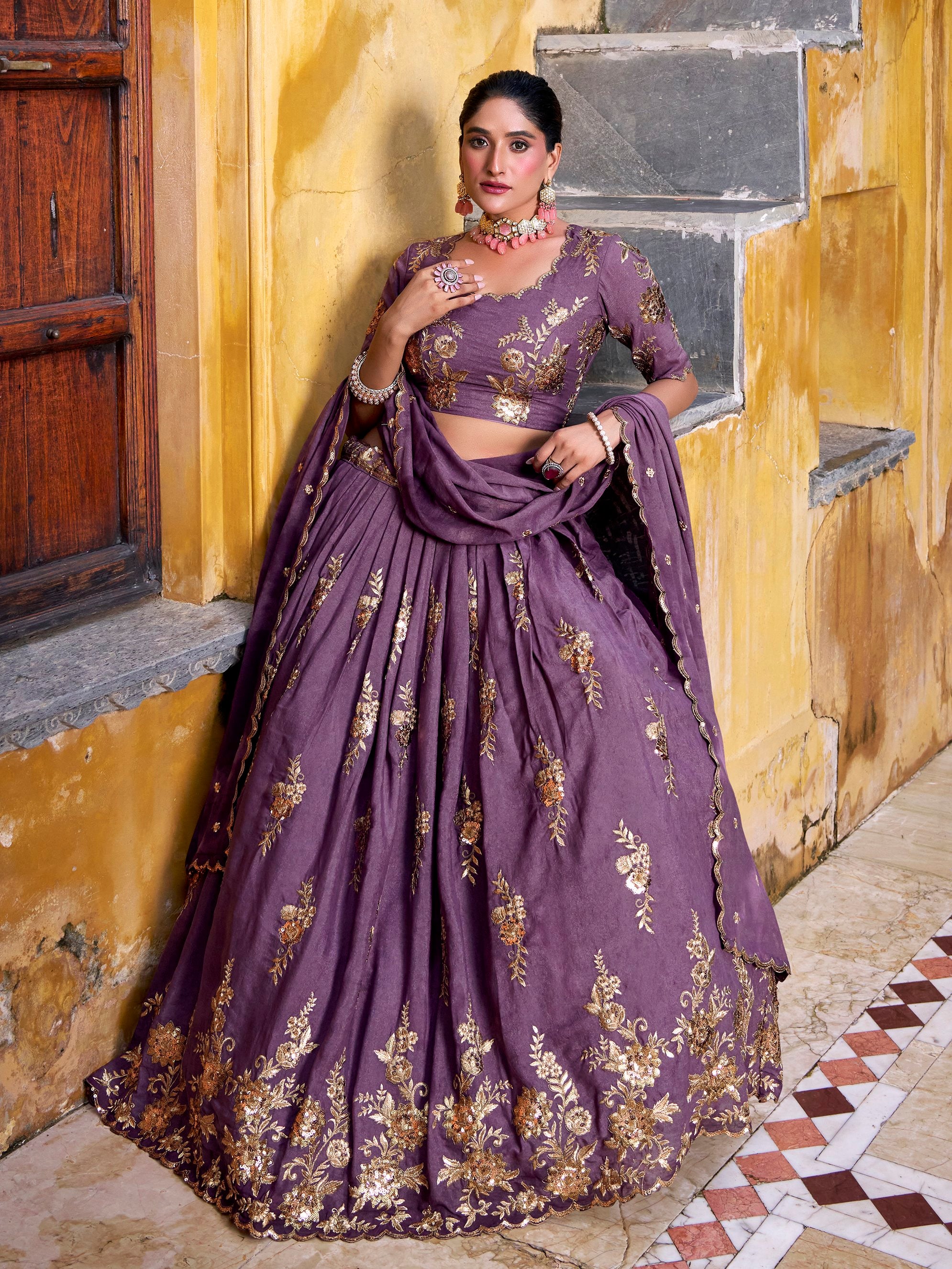 Stylish Lavender Thread Work Crushed Festive Wear Lehenga Choli