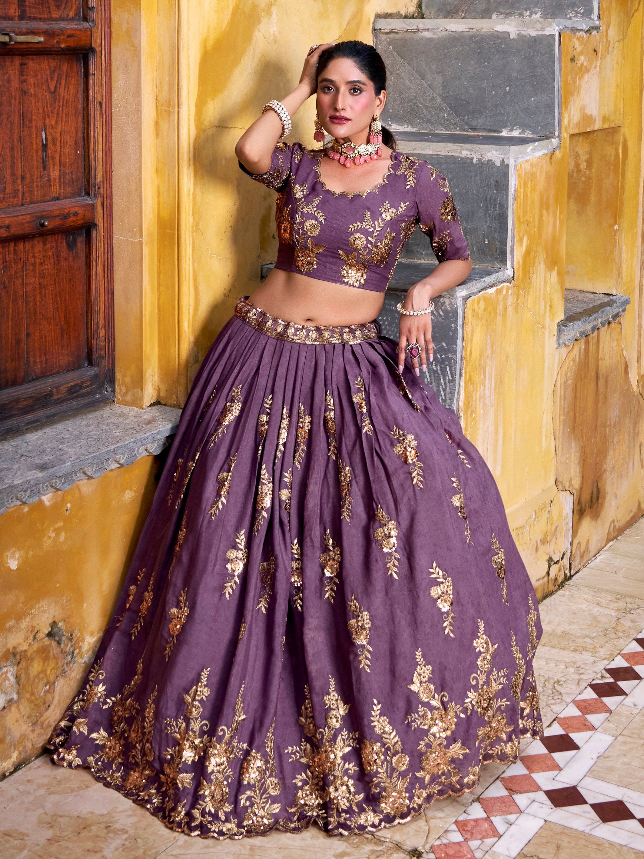 Stylish Lavender Thread Work Crushed Festive Wear Lehenga Choli