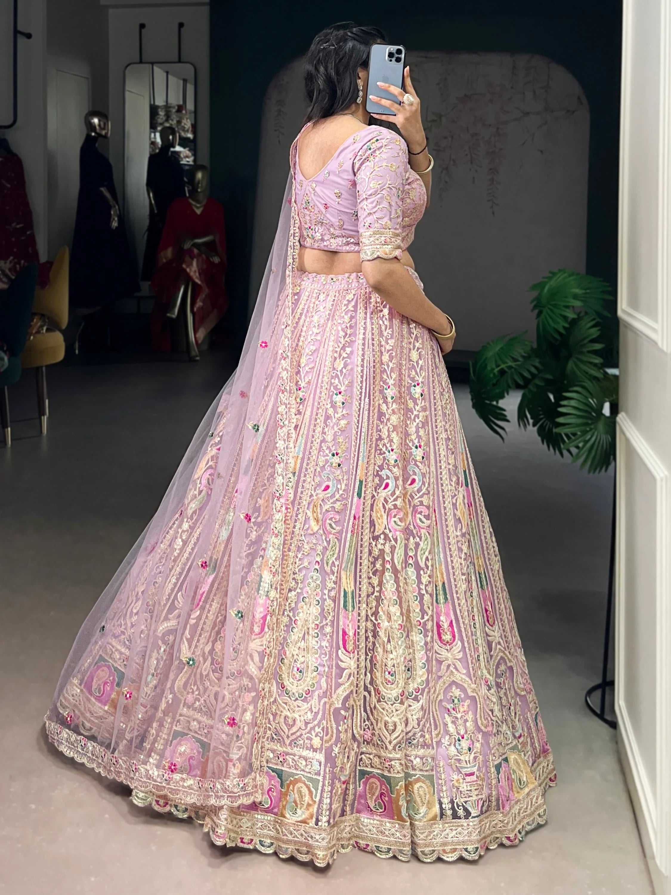 Notable Pink Thread Work Net Bridesmaid Lehenga Choli With Dupatta