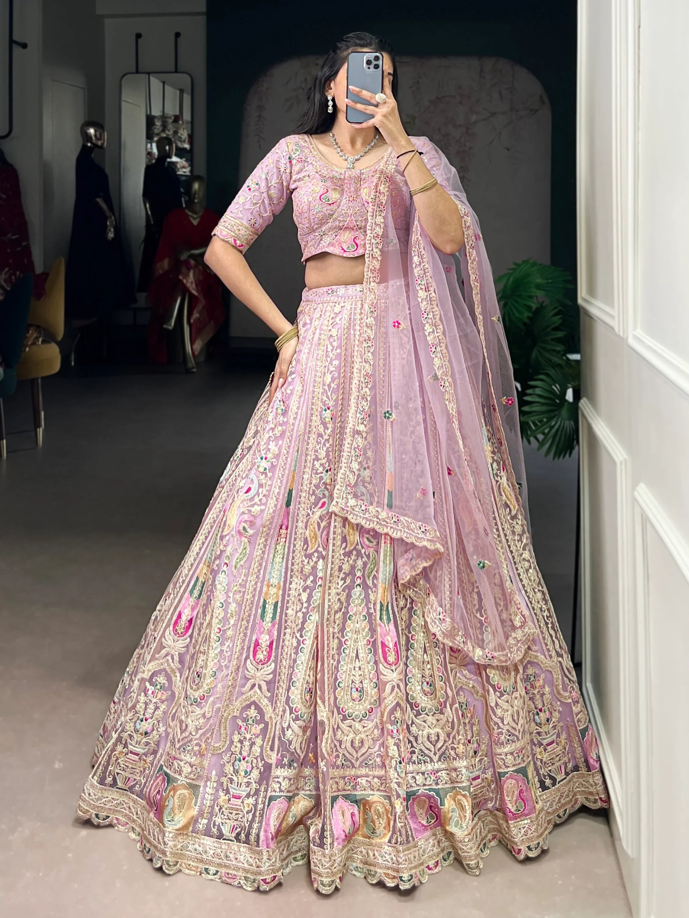 Notable Pink Thread Work Net Bridesmaid Lehenga Choli With Dupatta