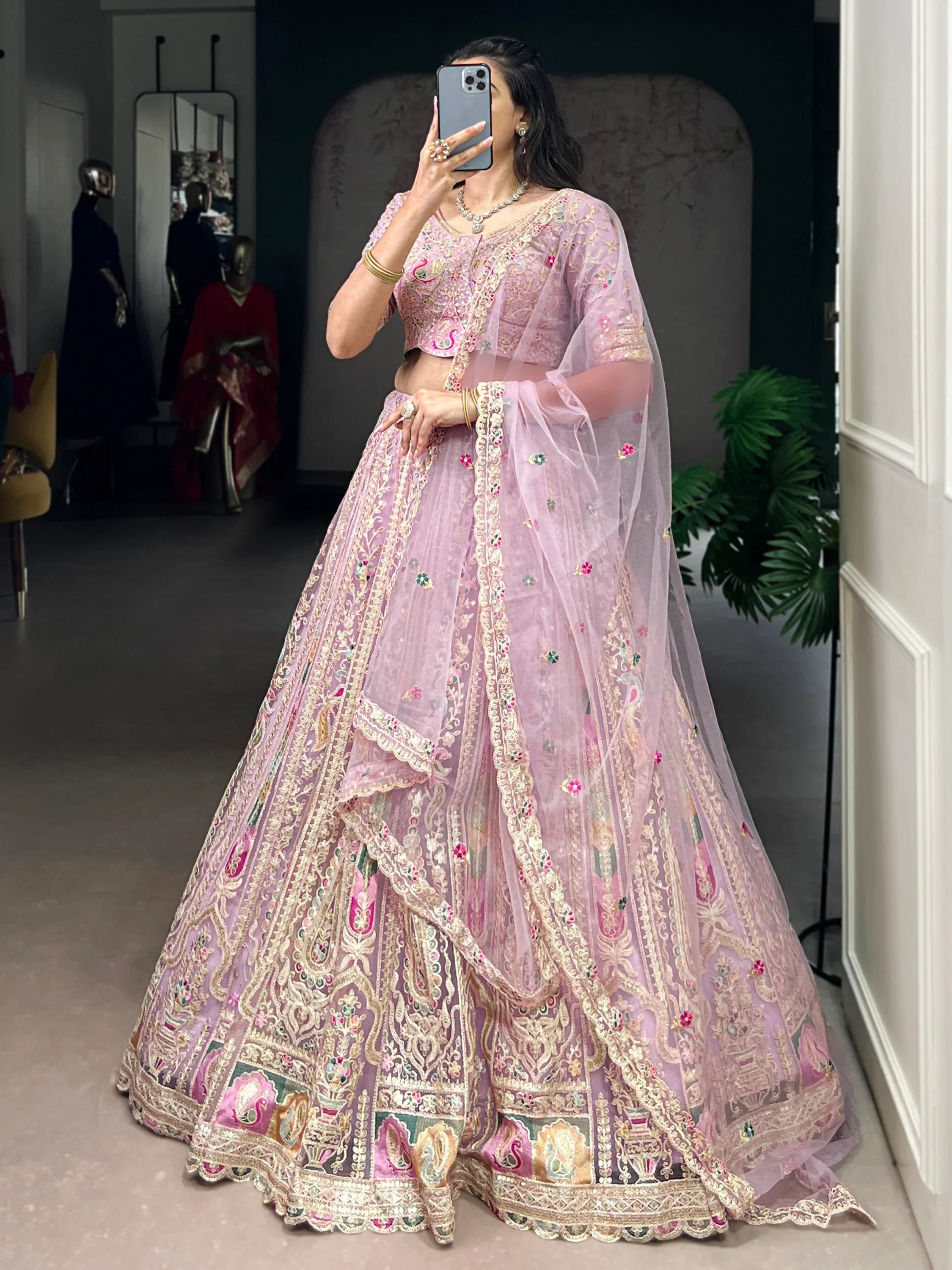Notable Pink Thread Work Net Bridesmaid Lehenga Choli With Dupatta