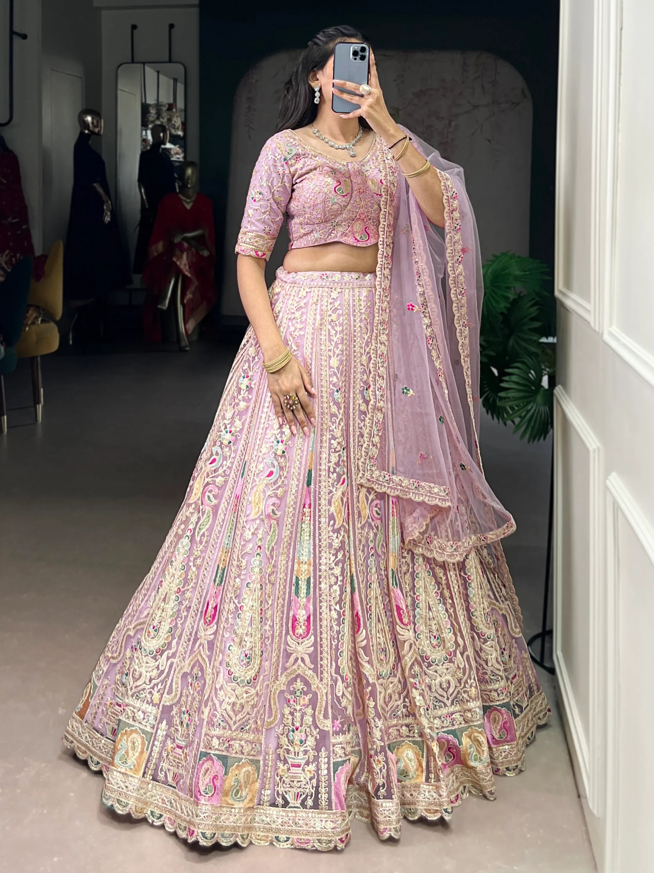 Notable Pink Thread Work Net Bridesmaid Lehenga Choli With Dupatta