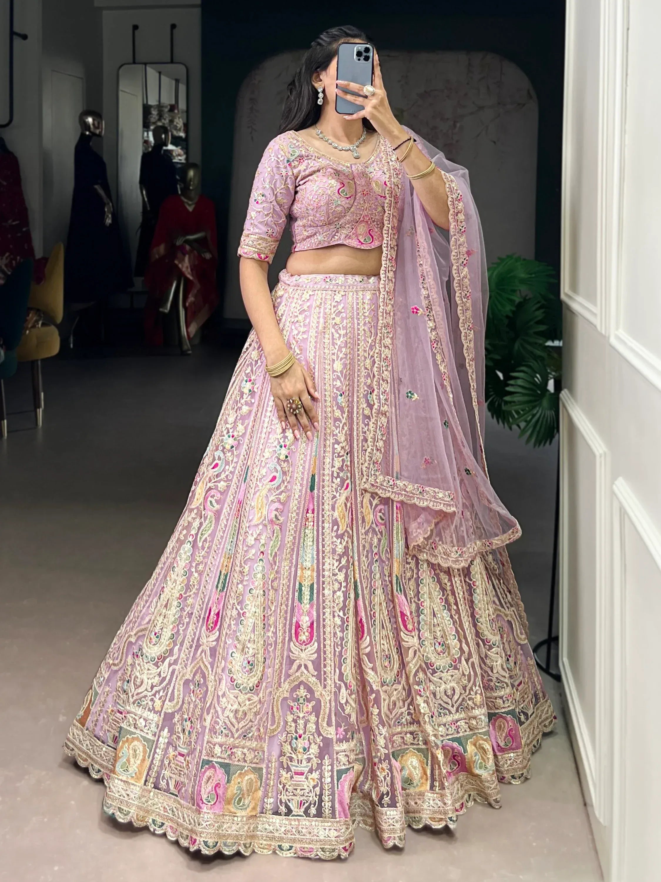 Notable Pink Thread Work Net Bridesmaid Lehenga Choli With Dupatta