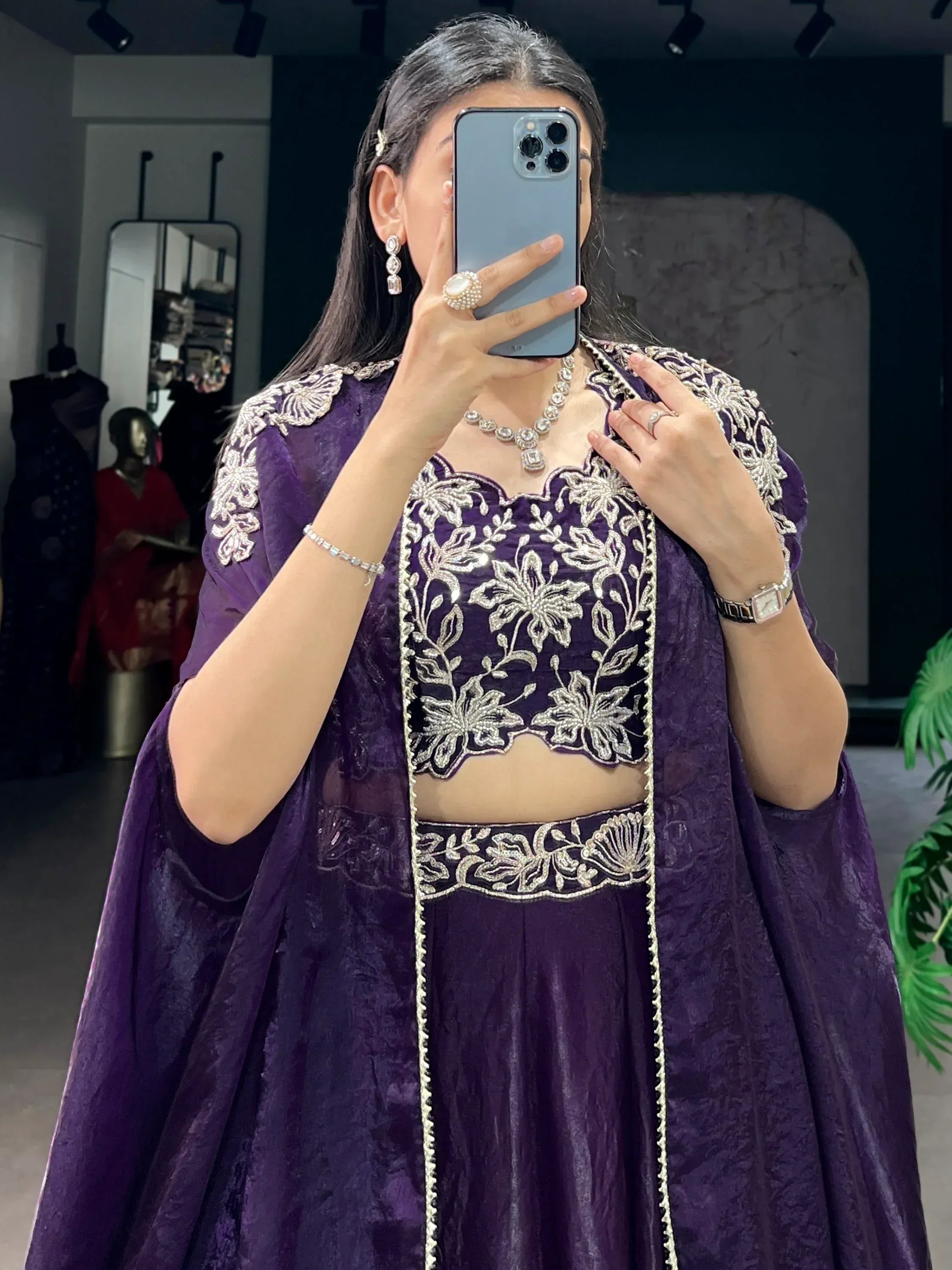 Delicate Purple Bead Work Silk Party Wear Lehenga Choli With Shrug
