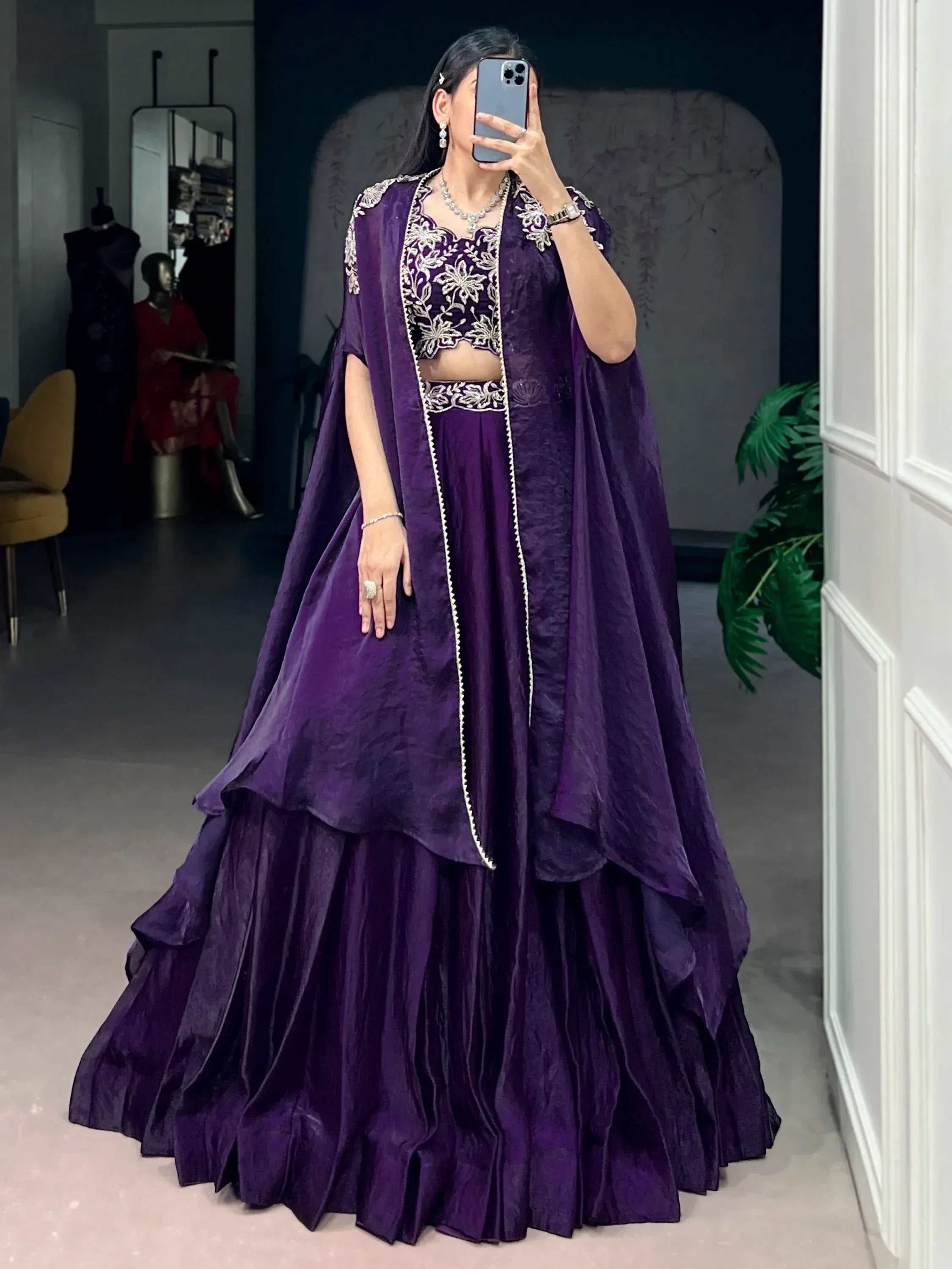 Delicate Purple Bead Work Silk Party Wear Lehenga Choli With Shrug