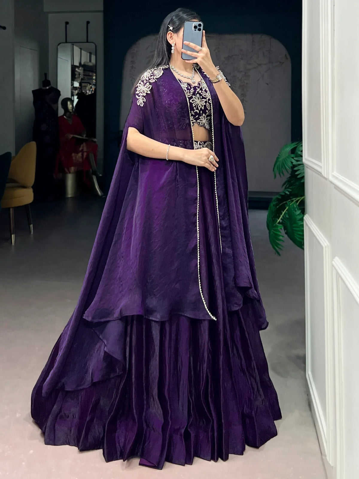 Delicate Purple Bead Work Silk Party Wear Lehenga Choli With Shrug