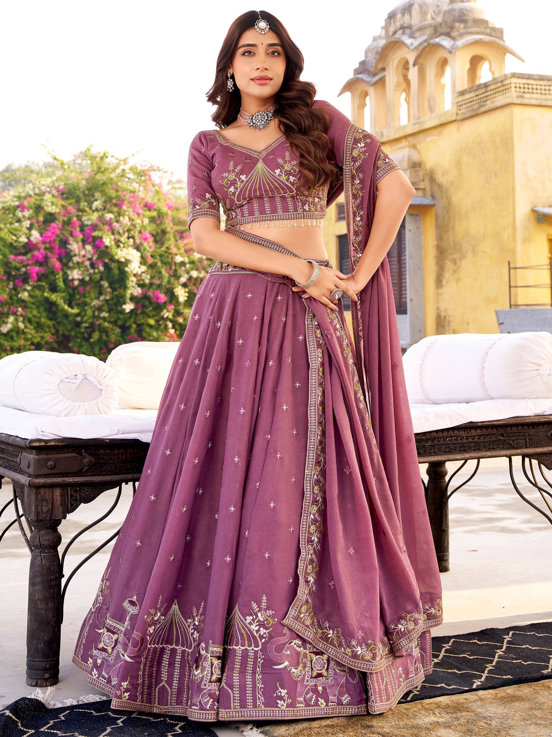 Fabulous Lavender Thread Embroidered Silk Wedding Wear Lehenga Choli