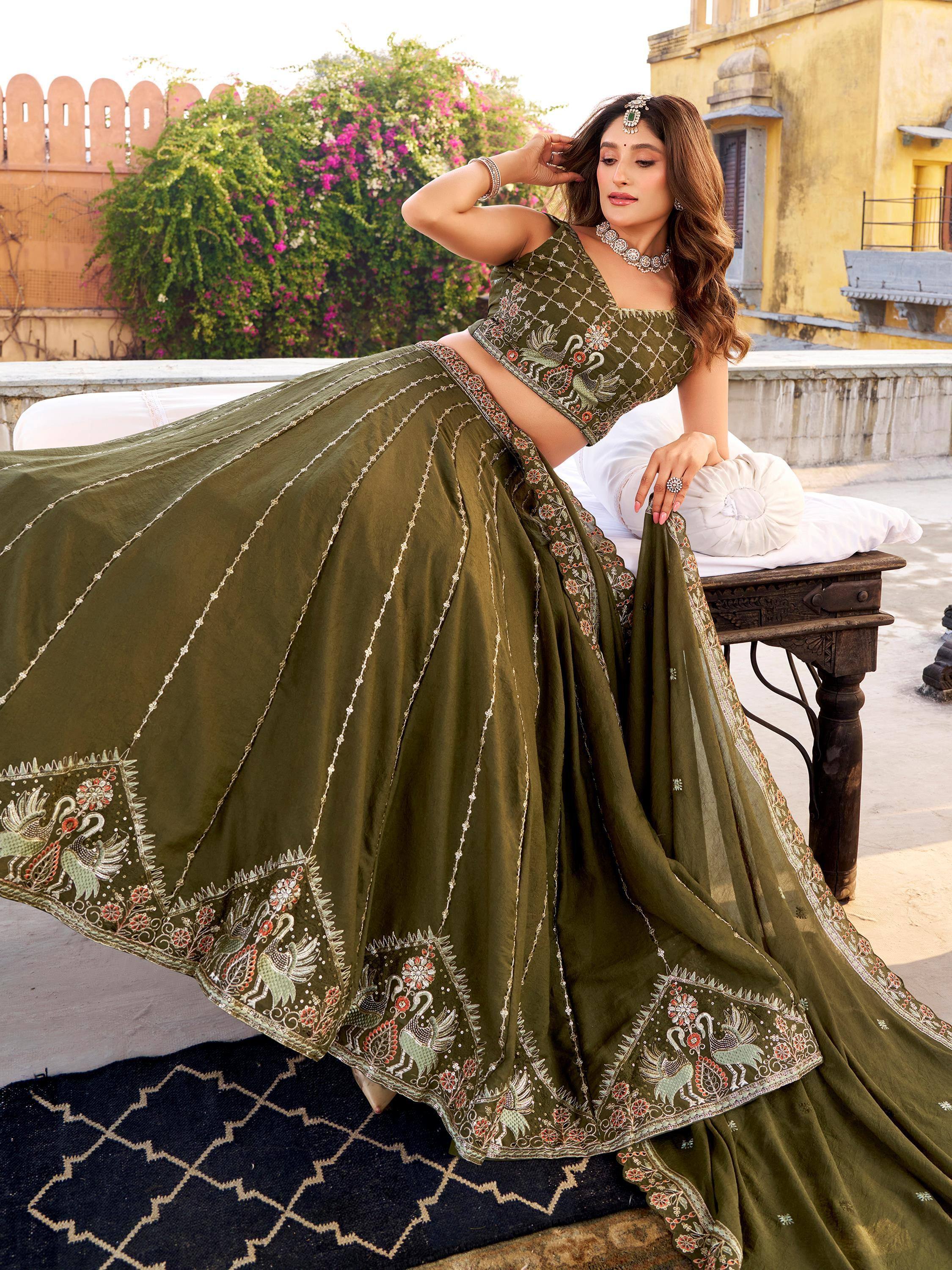 Fantastic Green Sequins Silk Engagement Wear Lehenga Choli