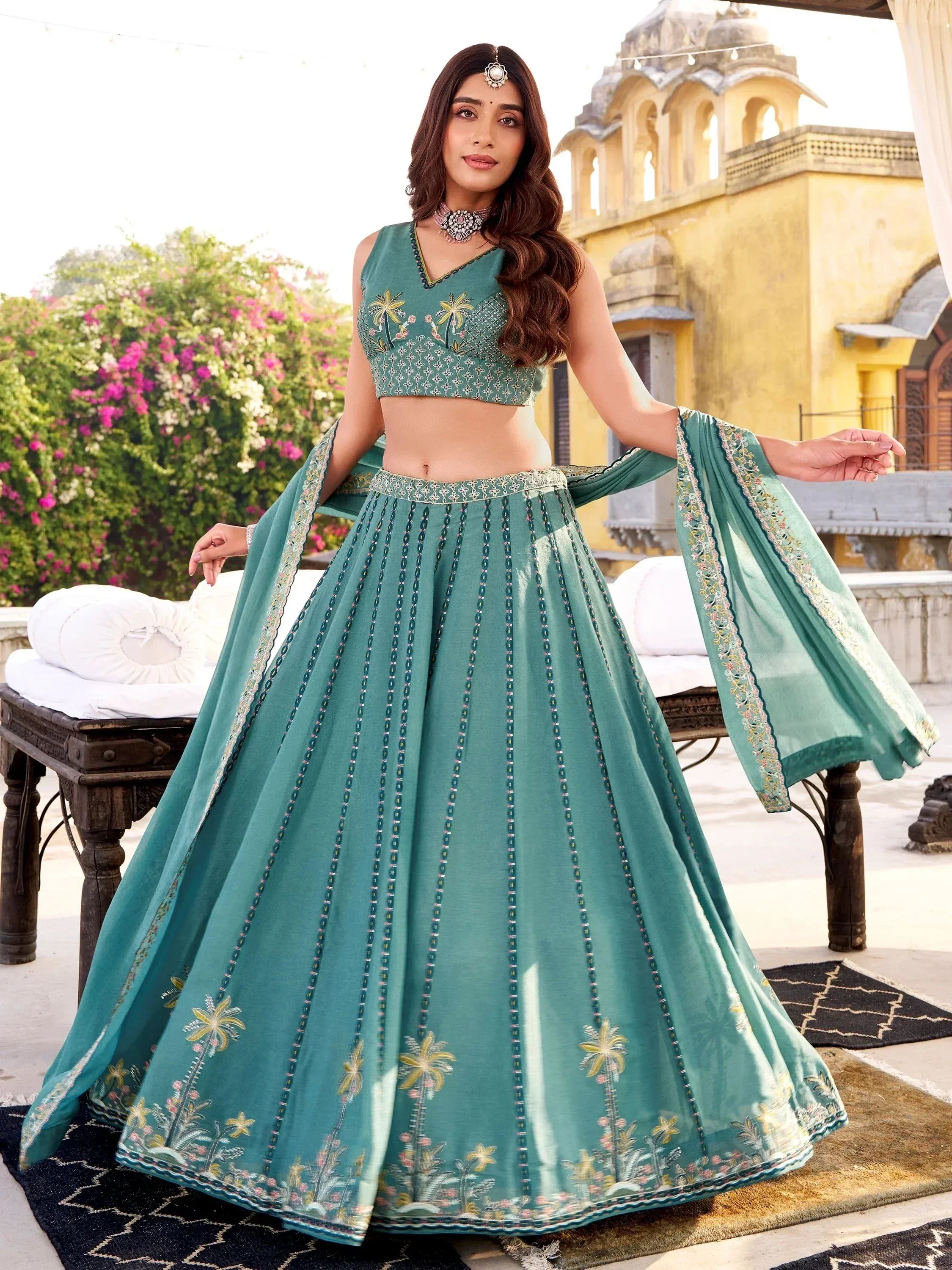 Sparkling Sky Blue Embroidered Silk Festival Wear Lehenga Choli