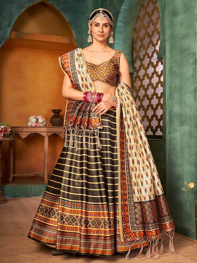 Fantastic Dark Brown Silk Digital Printed Engagement Wear Lehenga Choli