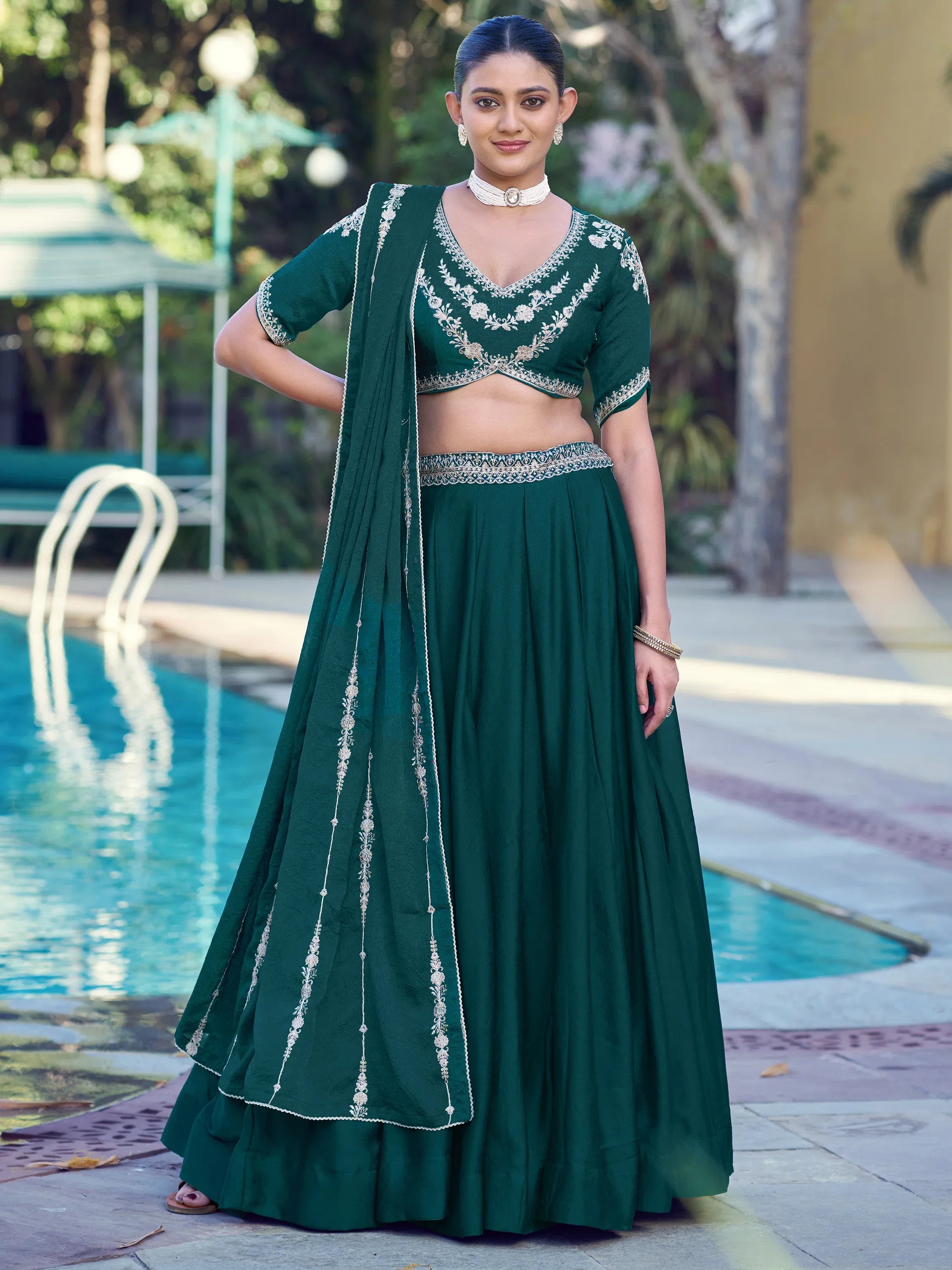 Regal Teal Green Thread Work Crushed Mehendi Wear Lehenga With Blouse