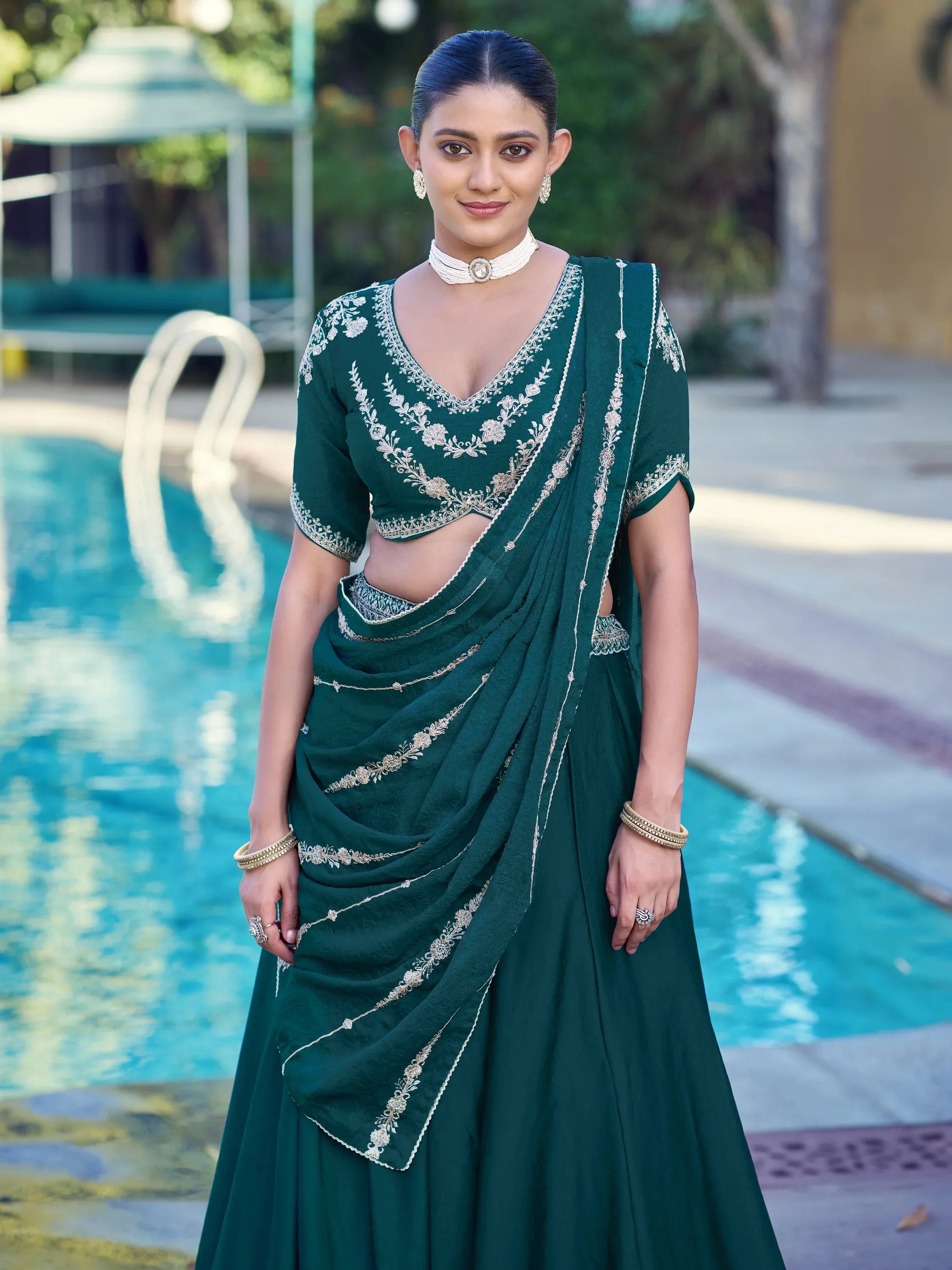 Regal Teal Green Thread Work Crushed Mehendi Wear Lehenga With Blouse