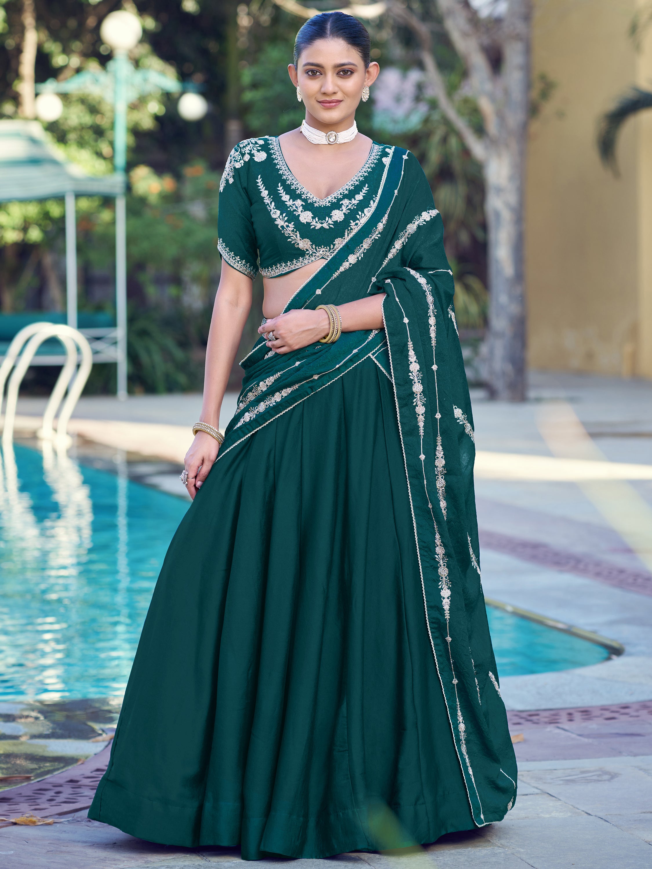 Regal Teal Green Thread Work Crushed Mehendi Wear Lehenga With Blouse