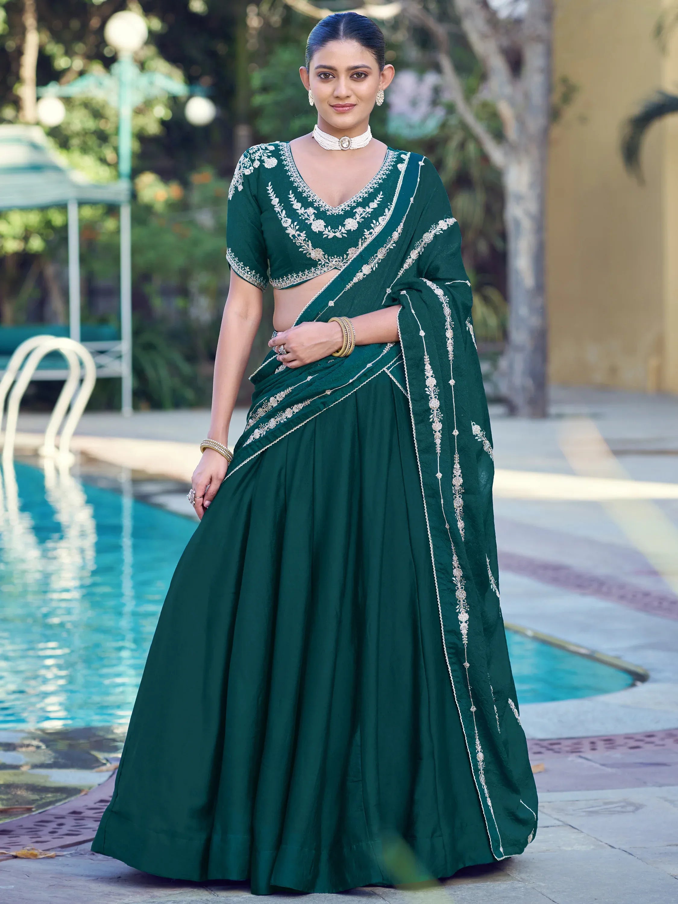 Regal Teal Green Thread Work Crushed Mehendi Wear Lehenga With Blouse