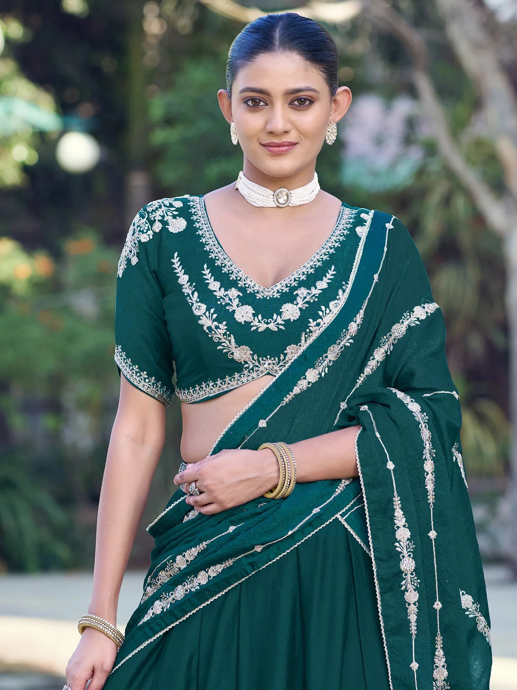 Regal Teal Green Thread Work Crushed Mehendi Wear Lehenga With Blouse