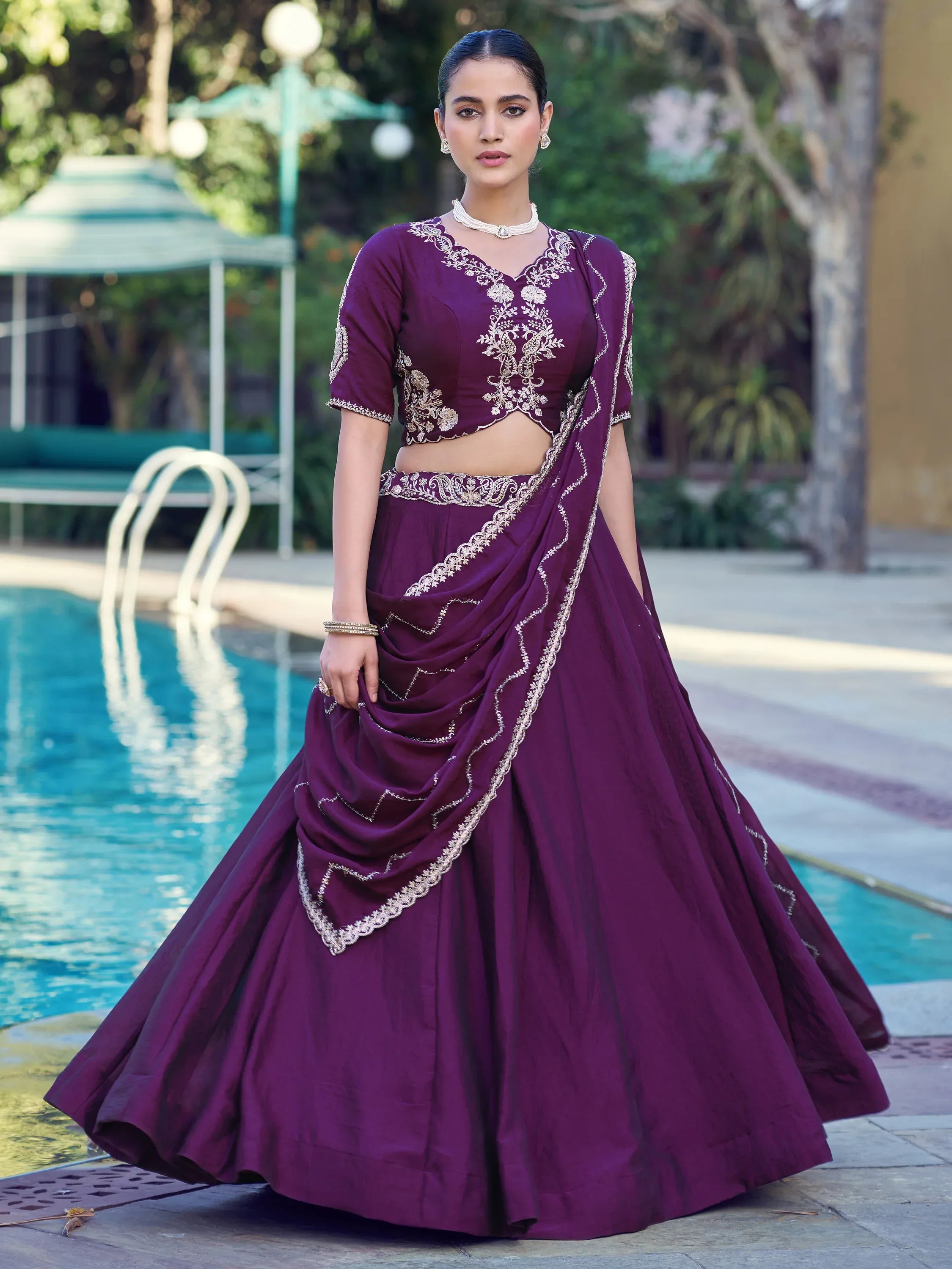 Great Purple Sequins Crushed Engagement Wear Lehenga Choli With Dupatta