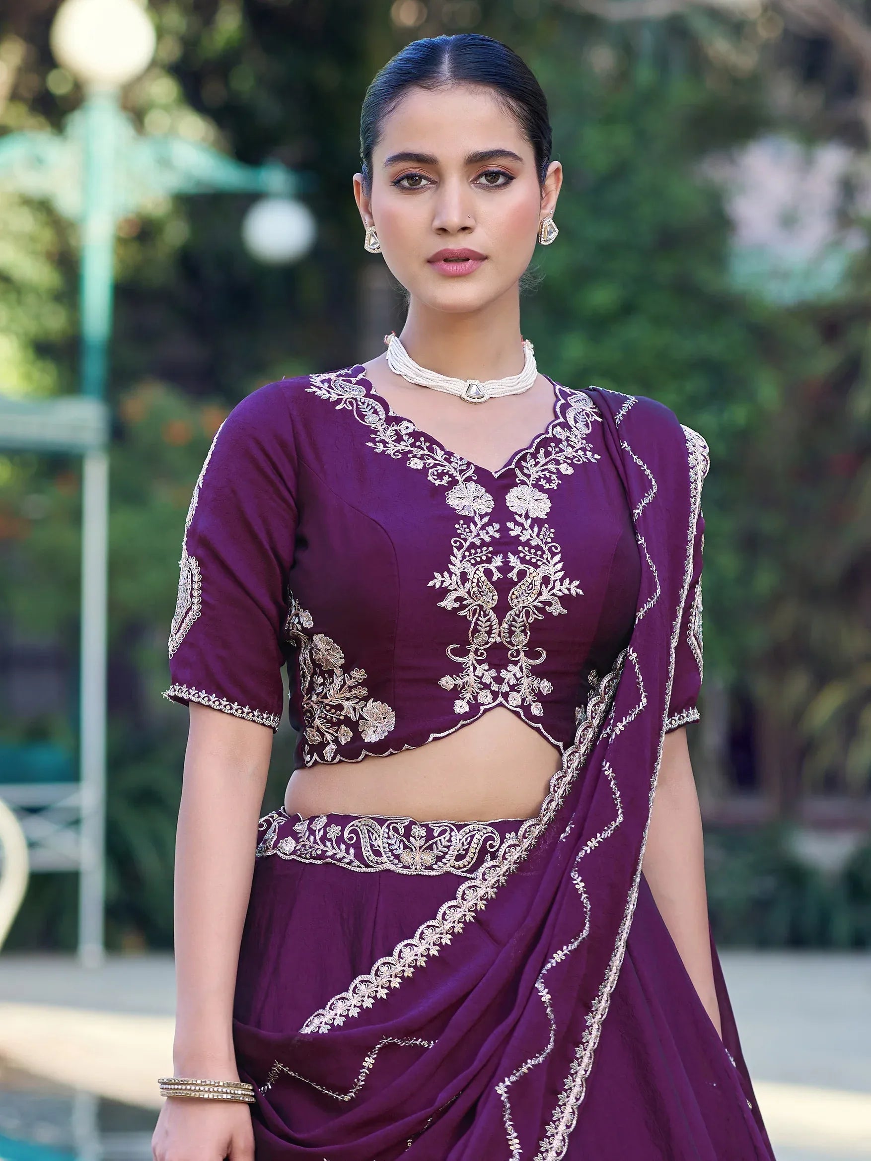 Great Purple Sequins Crushed Engagement Wear Lehenga Choli With Dupatta