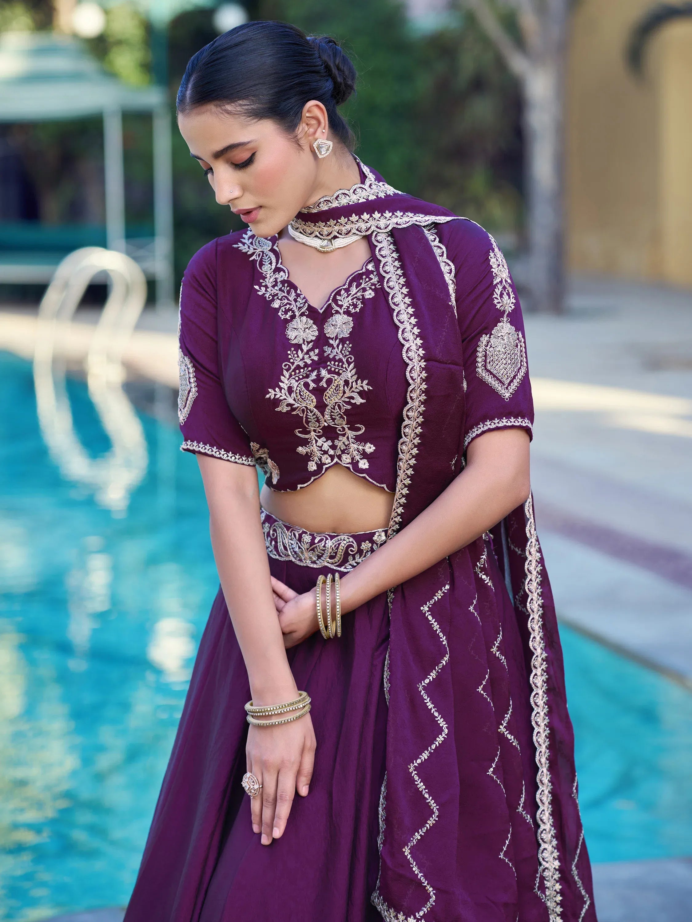 Great Purple Sequins Crushed Engagement Wear Lehenga Choli With Dupatta