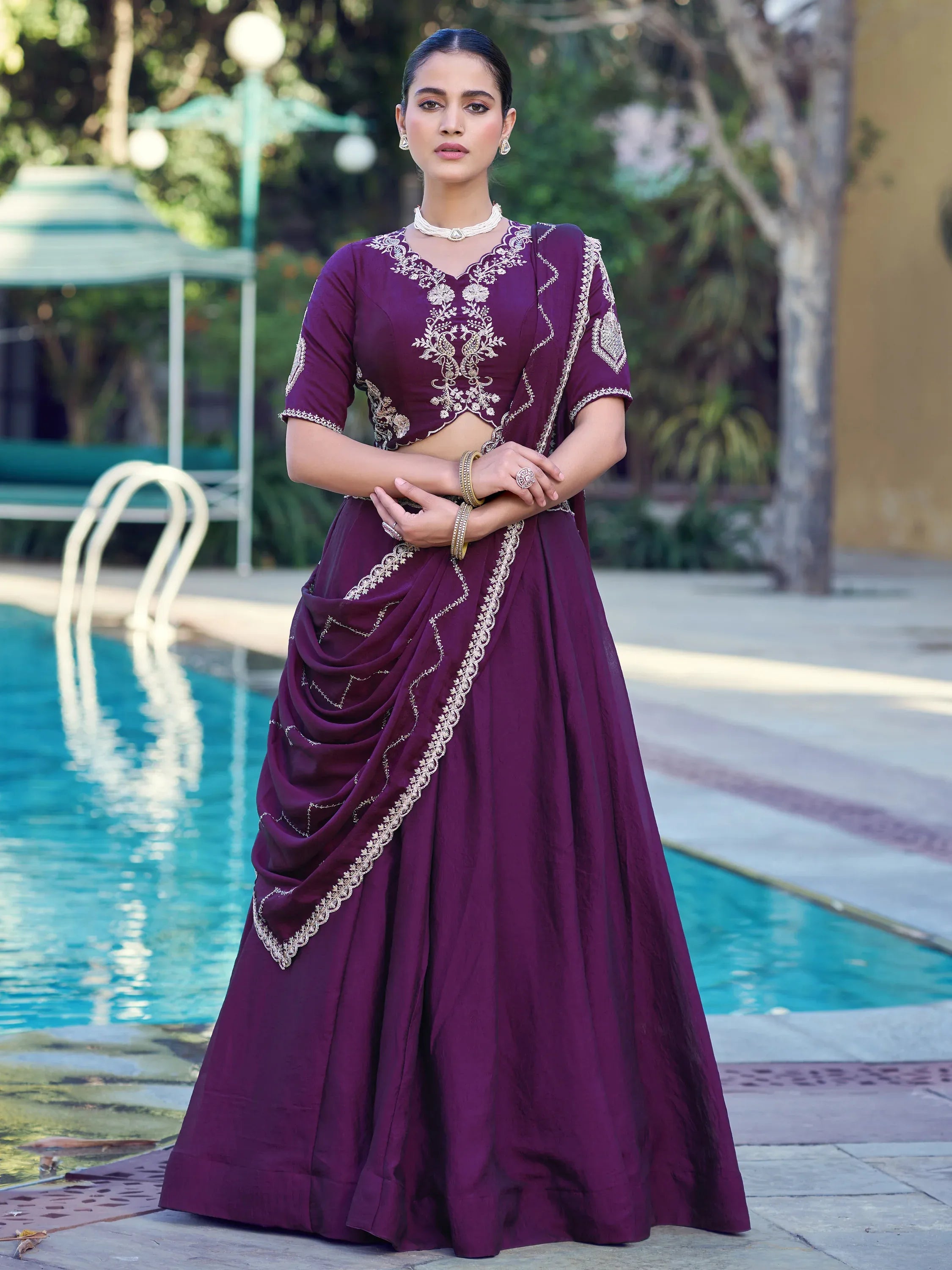 Great Purple Sequins Crushed Engagement Wear Lehenga Choli With Dupatta
