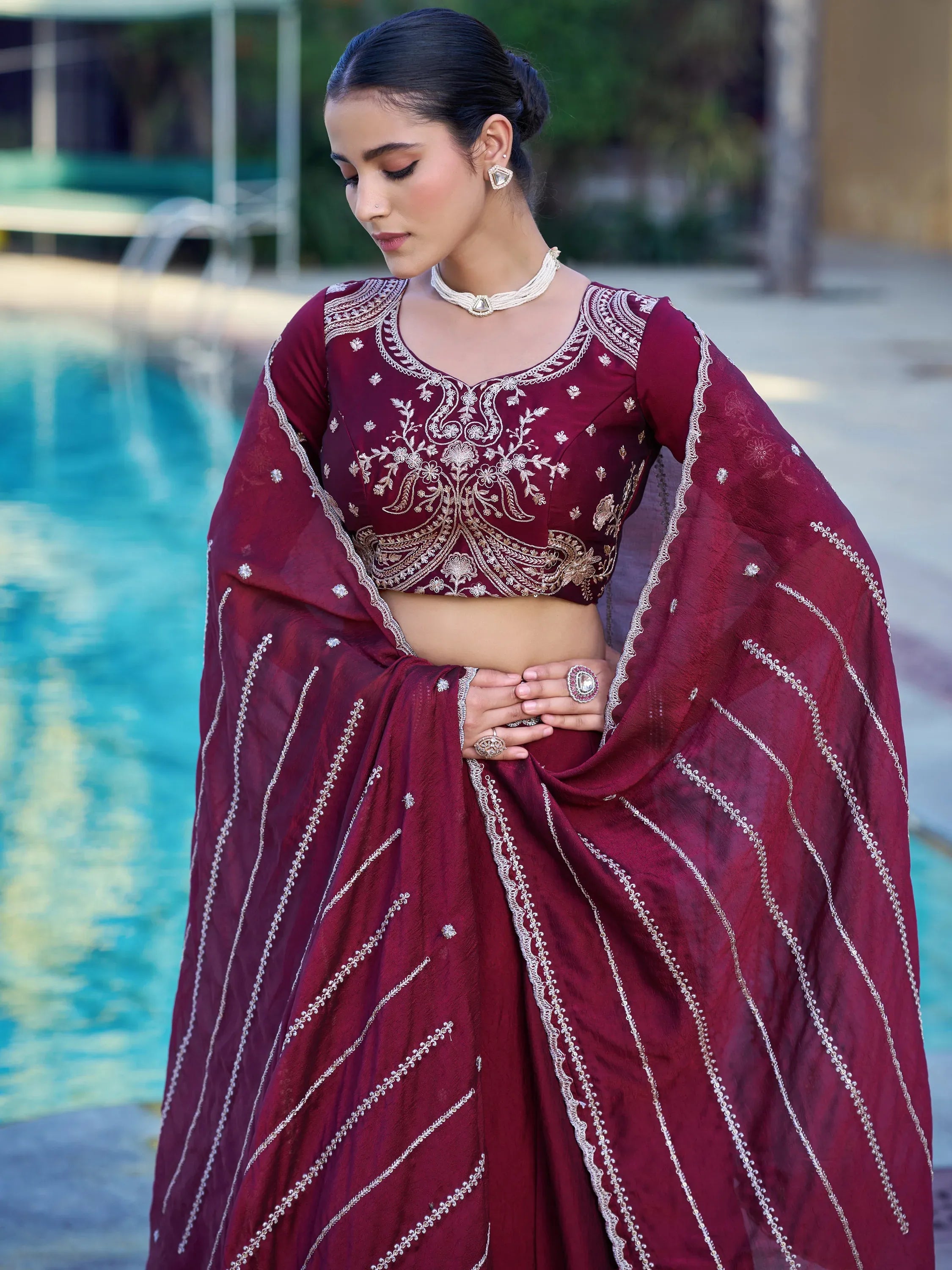 Gorgeous Maroon Sequins Crushed Wedding Wear Lehenga Choli